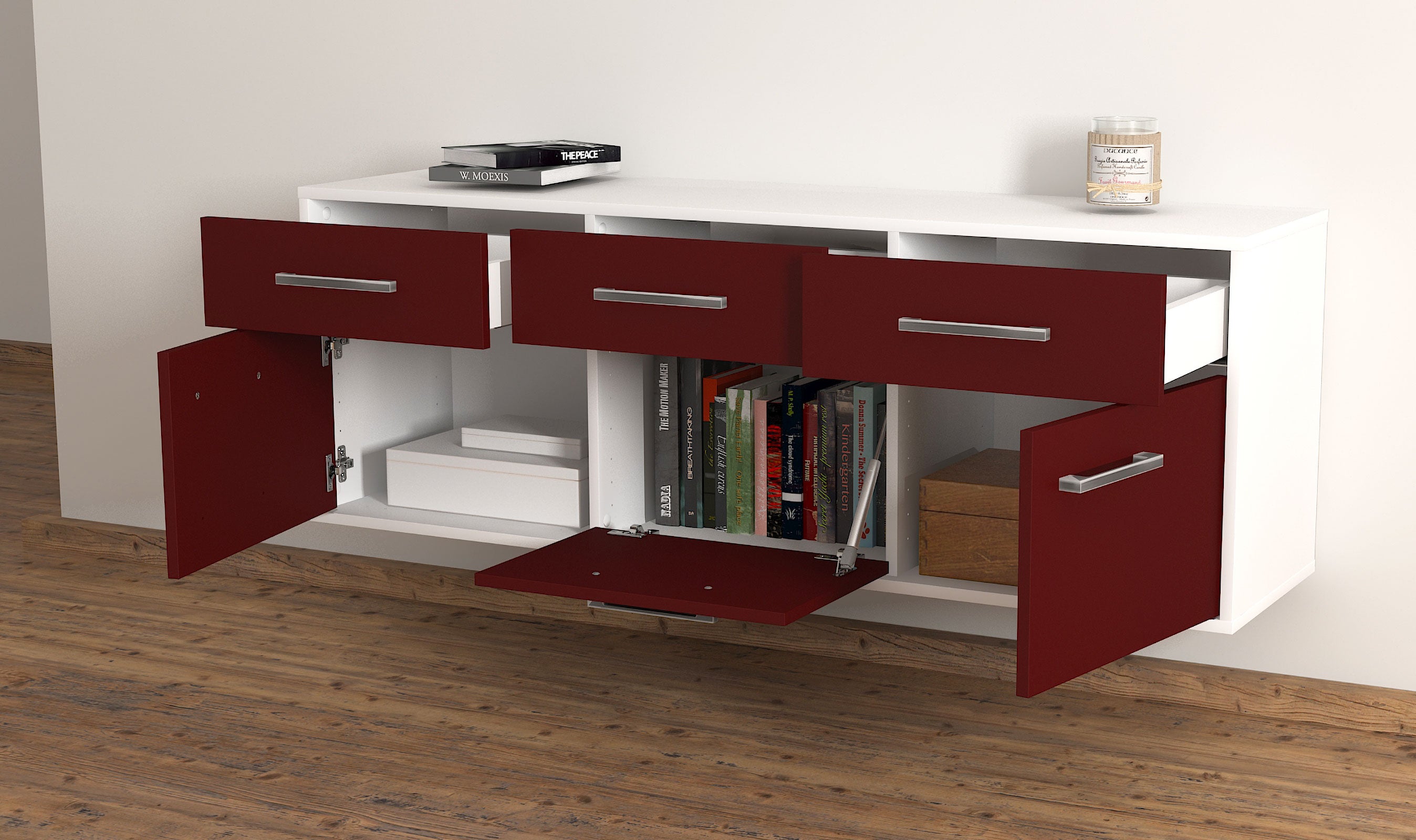 Lowboard - Angela - Design Farbakzent - Wandmontage mit Griffe 136 cm Weiss