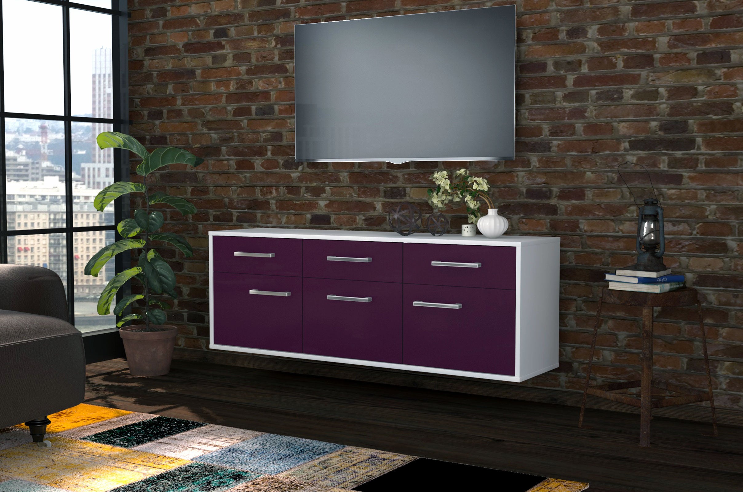 Lowboard - Angela - Design Farbakzent - Wandmontage mit Griffe 136 cm Weiss