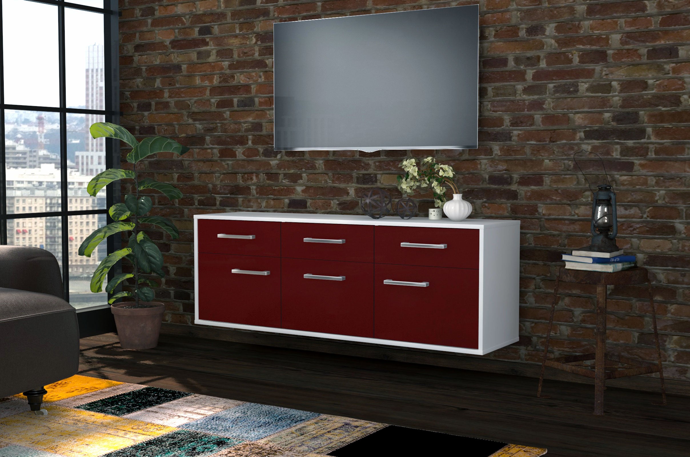Lowboard - Angela - Design Farbakzent - Wandmontage mit Griffe 136 cm Weiss