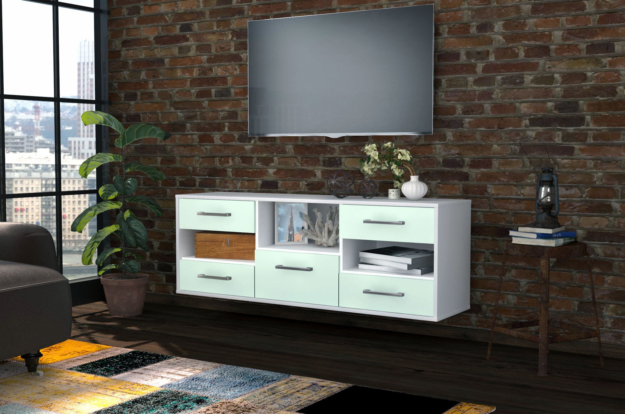 Lowboard - Annunziata - Design Farbakzent - Wandmontage mit Griffe 136 cm Weiss