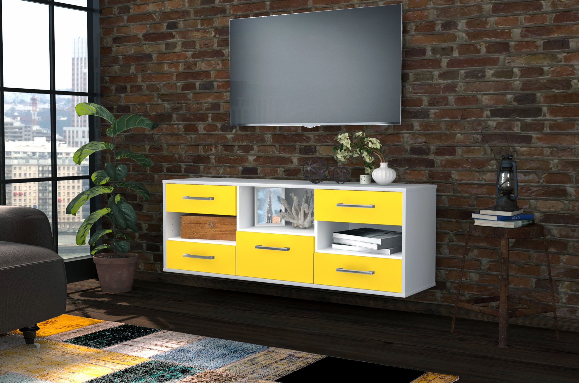 Lowboard - Annunziata - Design Farbakzent - Wandmontage mit Griffe 136 cm Weiss