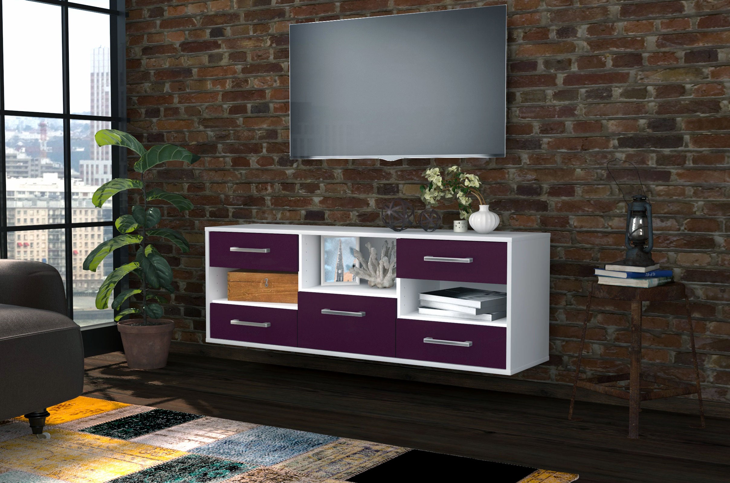 Lowboard - Annunziata - Design Farbakzent - Wandmontage mit Griffe 136 cm Weiss