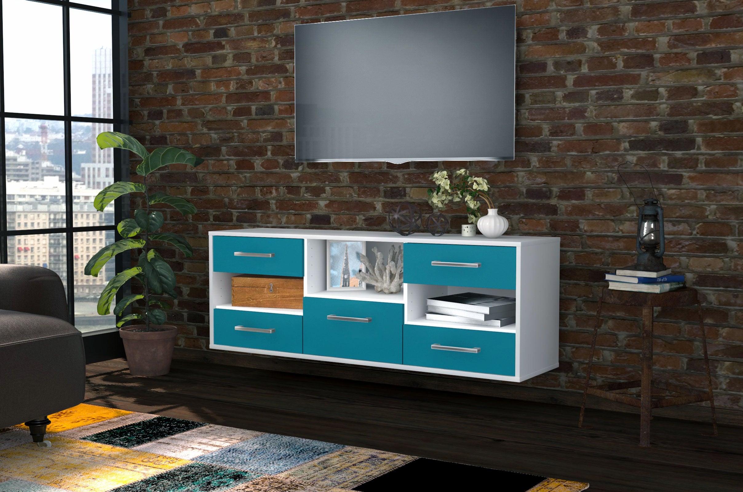 Lowboard - Annunziata - Design Farbakzent - Wandmontage mit Griffe 136 cm Weiss