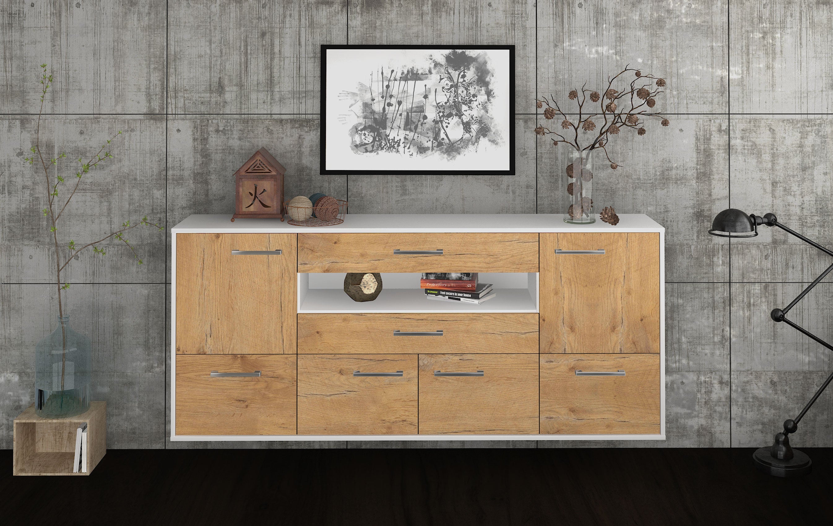 Sideboard - Emely - Design Holzdekor - Wandmontage mit Griffe 180 cm Weiss