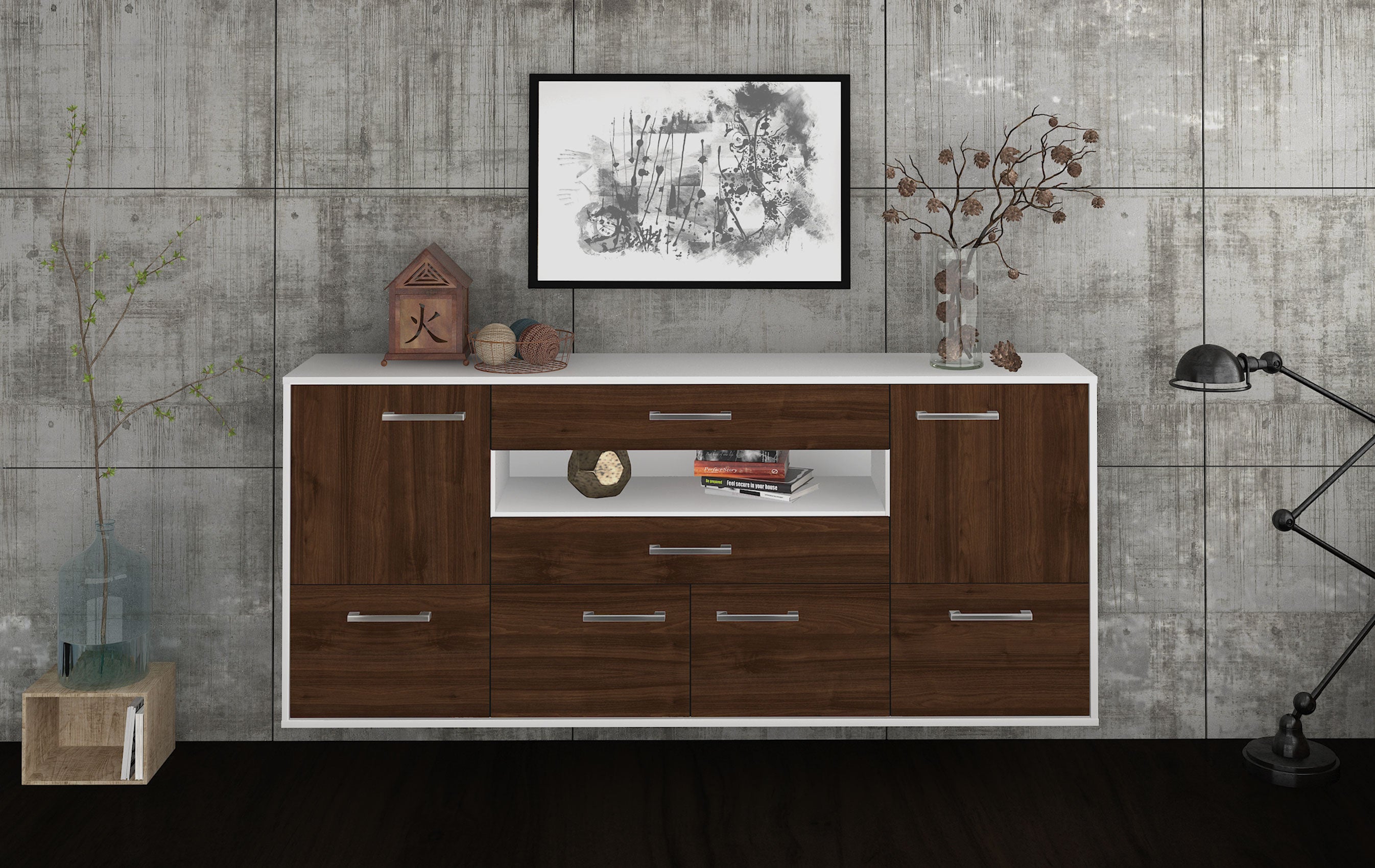 Sideboard - Emely - Design Holzdekor - Wandmontage mit Griffe 180 cm Weiss