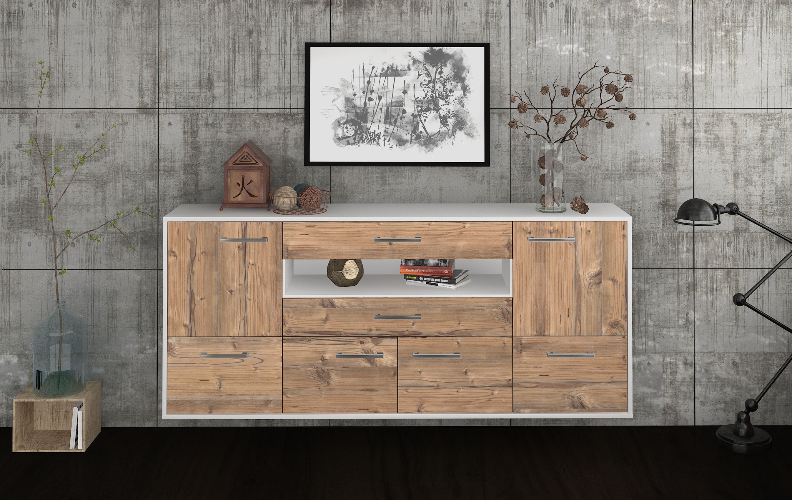 Sideboard - Emely - Design Holzdekor - Wandmontage mit Griffe 180 cm Weiss