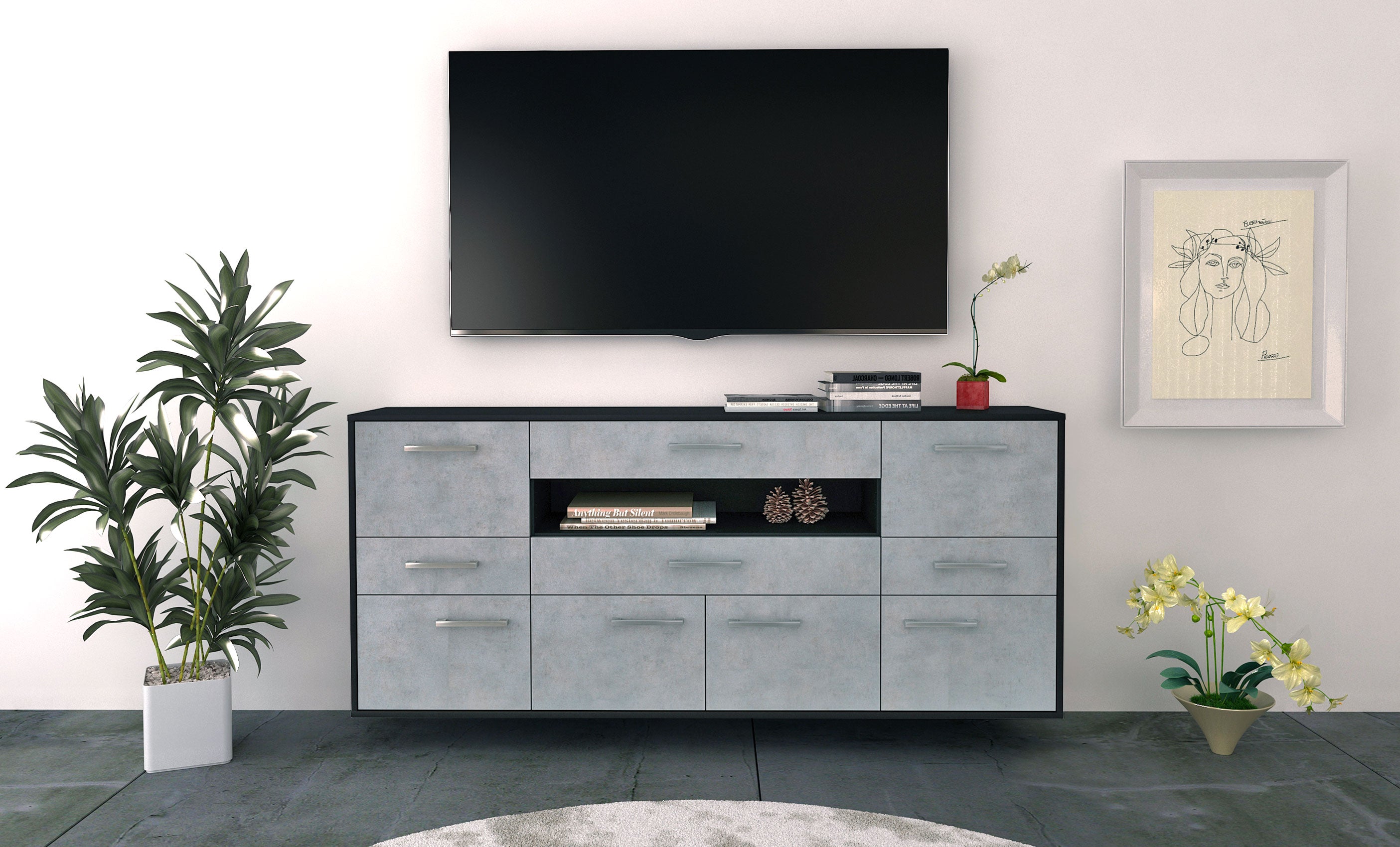 Sideboard - Emerelda - Design Industrie Stil - Wandmontage mit Griffe 180 cm Anthrazit