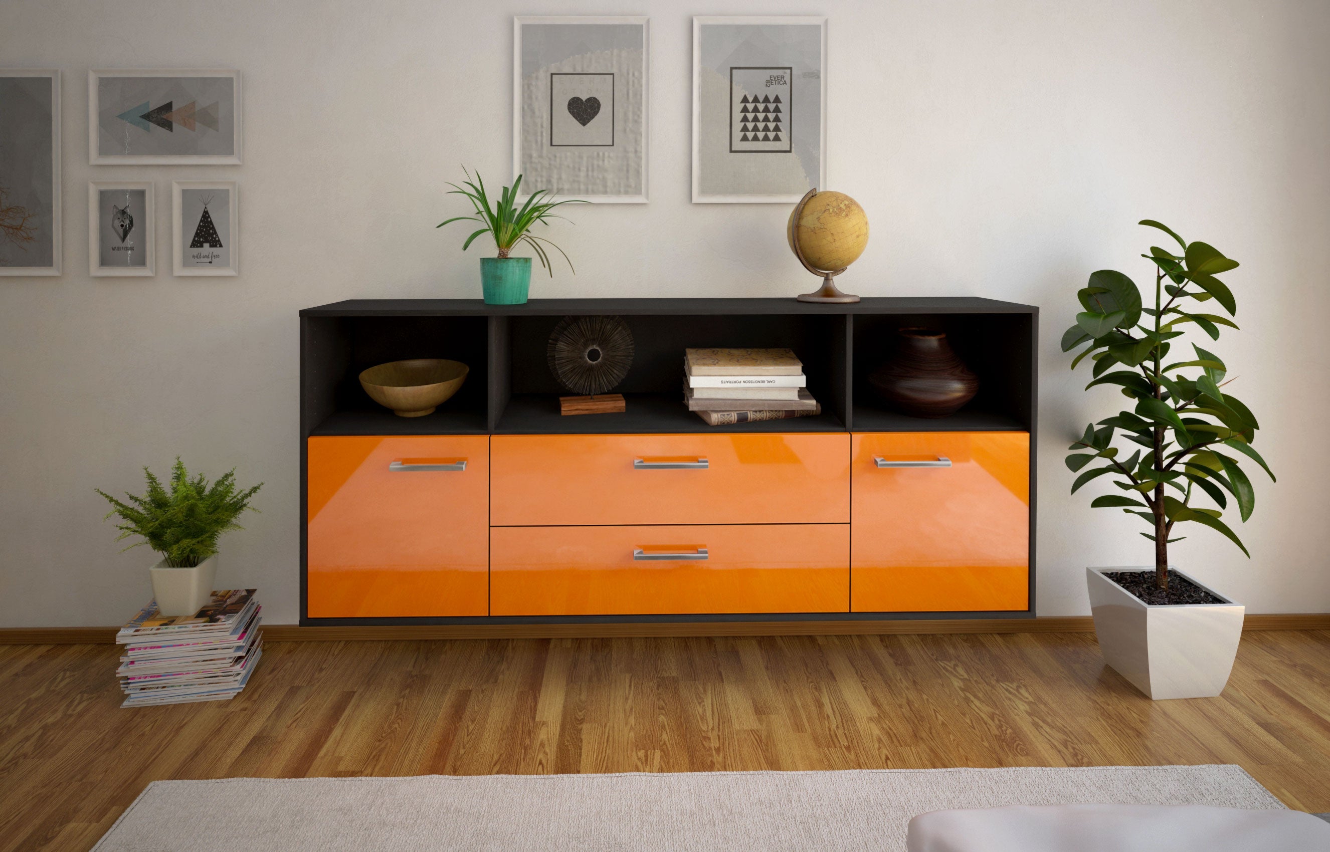 Sideboard - Enza - Design Hochglanz - Wandmontage mit Griffe 180 cm Anthrazit