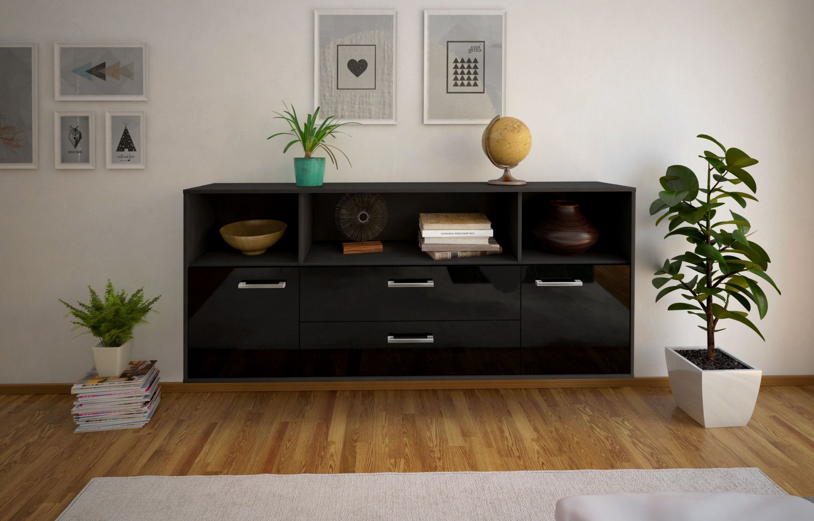 Sideboard - Enza - Design Hochglanz - Wandmontage mit Griffe 180 cm Anthrazit