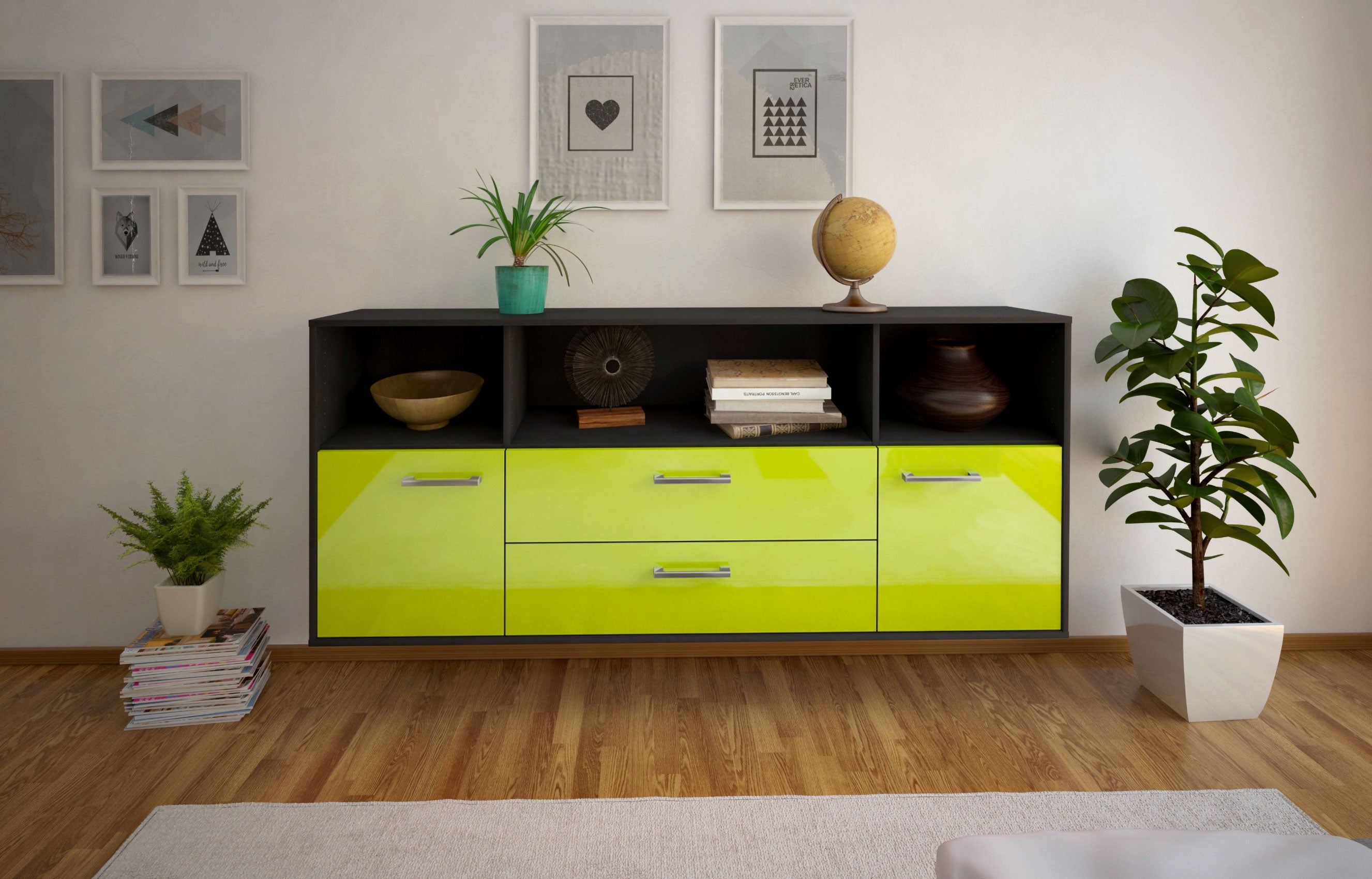 Sideboard - Enza - Design Hochglanz - Wandmontage mit Griffe 180 cm Anthrazit