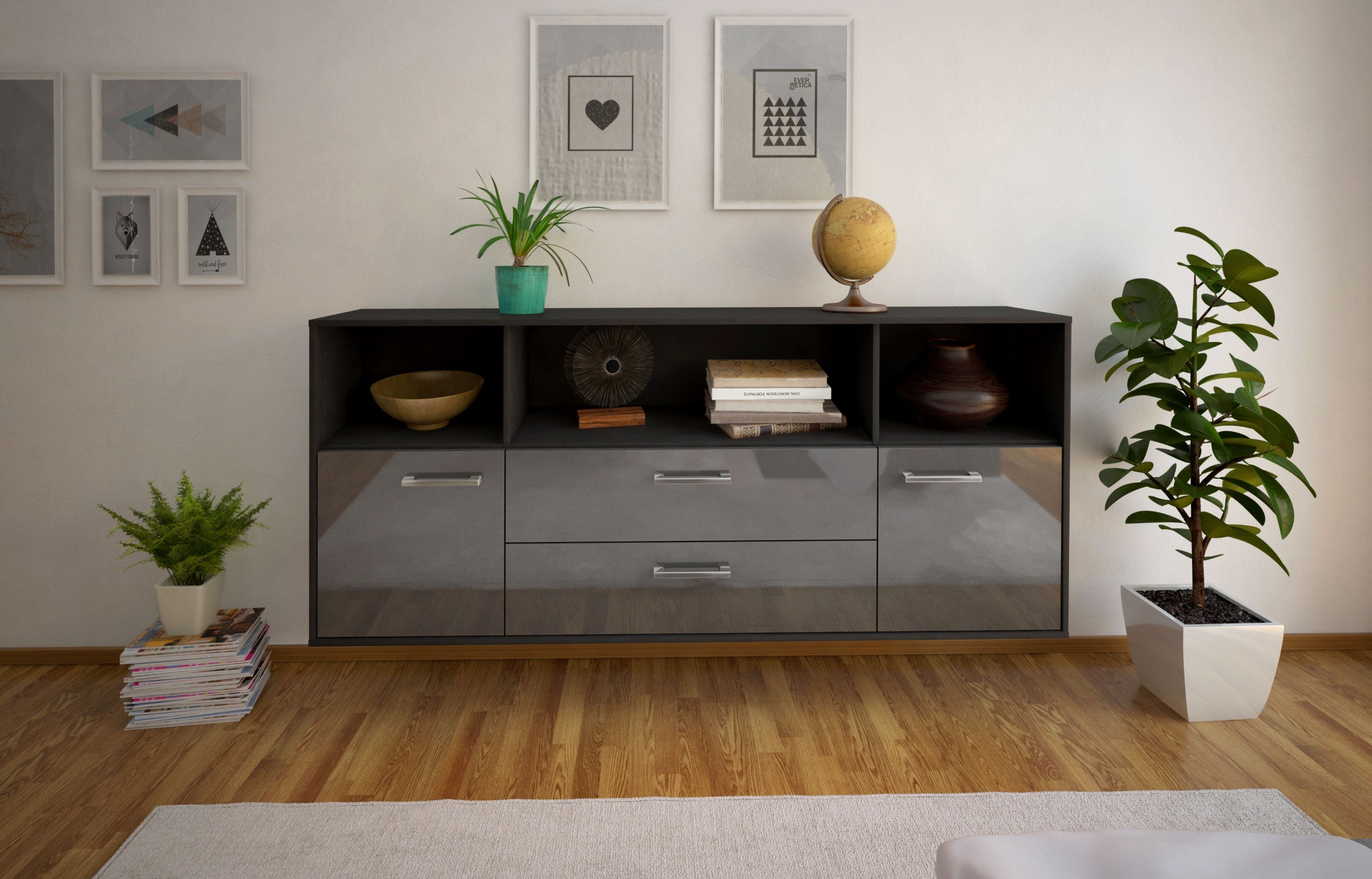 Sideboard - Enza - Design Hochglanz - Wandmontage mit Griffe 180 cm Anthrazit