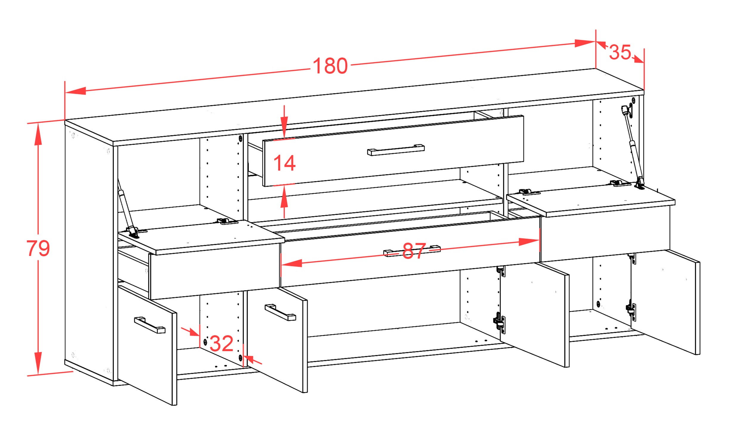 Sideboard - Emerelda - Design Industrie Stil - Wandmontage mit Griffe 180 cm Anthrazit