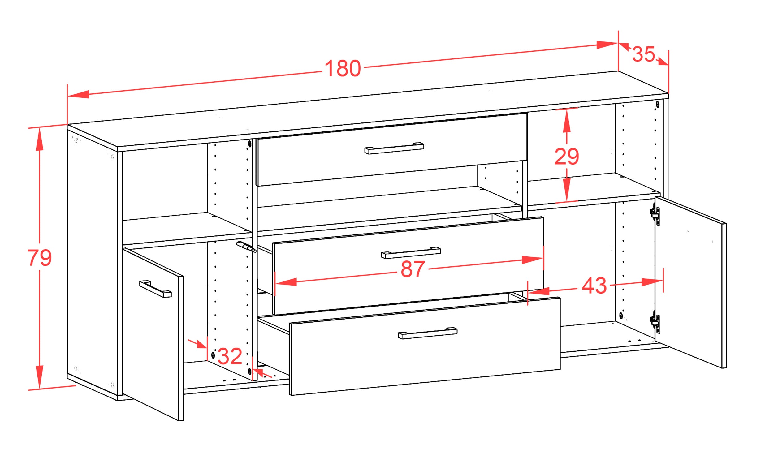 Sideboard - Enza - Design Hochglanz - Wandmontage mit Griffe 180 cm Anthrazit