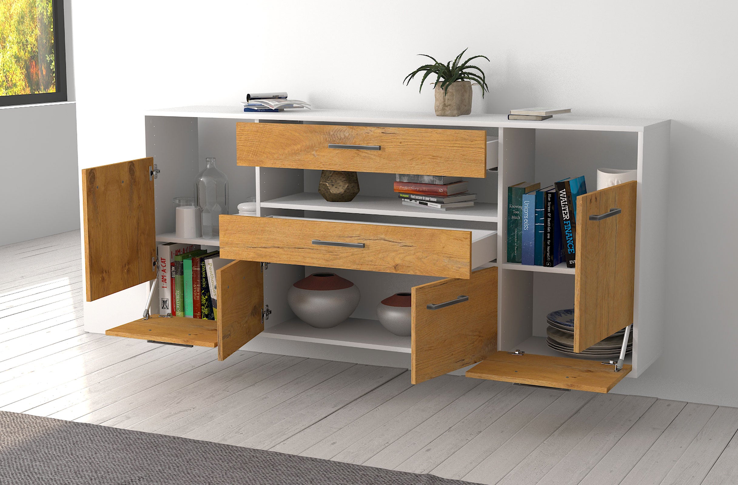 Sideboard - Emely - Design Holzdekor - Wandmontage mit Griffe 180 cm Weiss