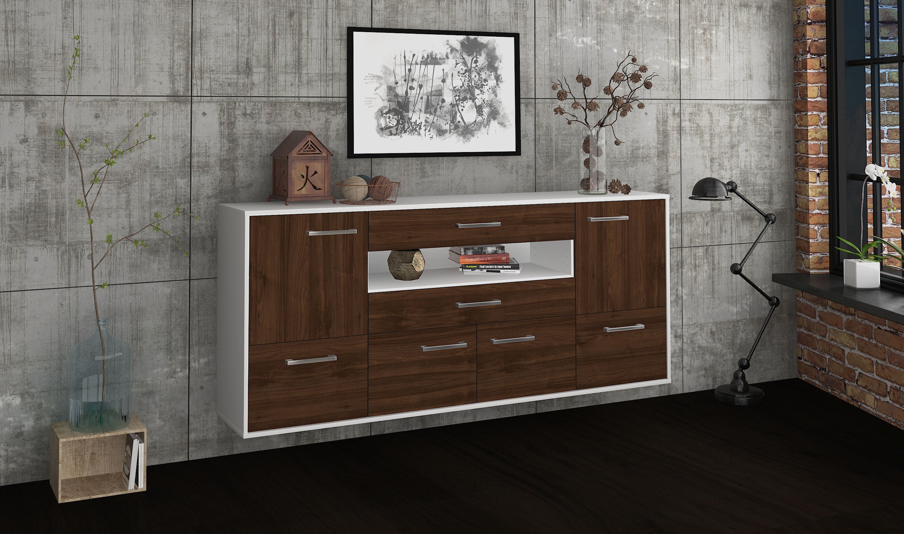 Sideboard - Emely - Design Holzdekor - Wandmontage mit Griffe 180 cm Weiss