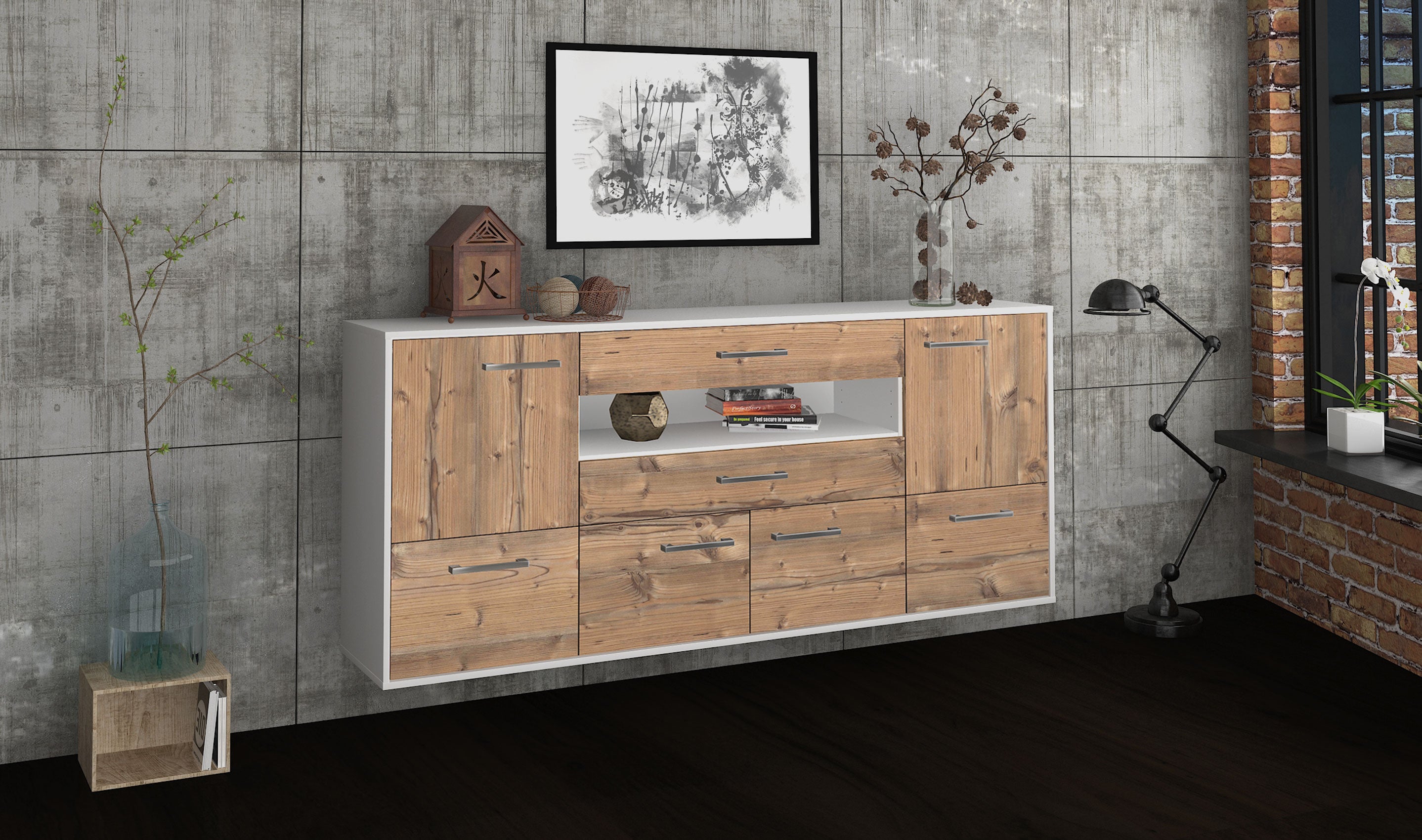 Sideboard - Emely - Design Holzdekor - Wandmontage mit Griffe 180 cm Weiss