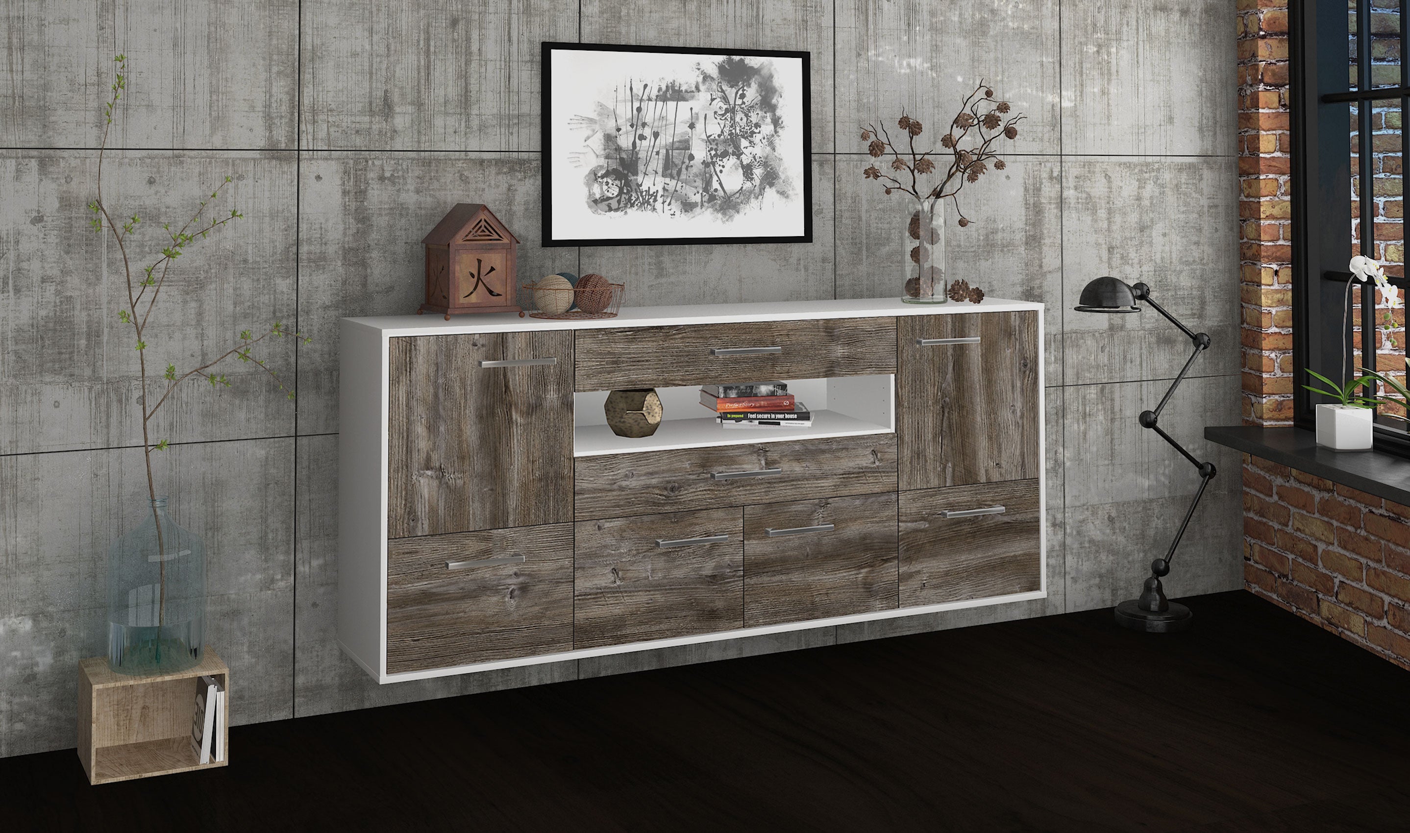 Sideboard - Emely - Design Holzdekor - Wandmontage mit Griffe 180 cm Weiss