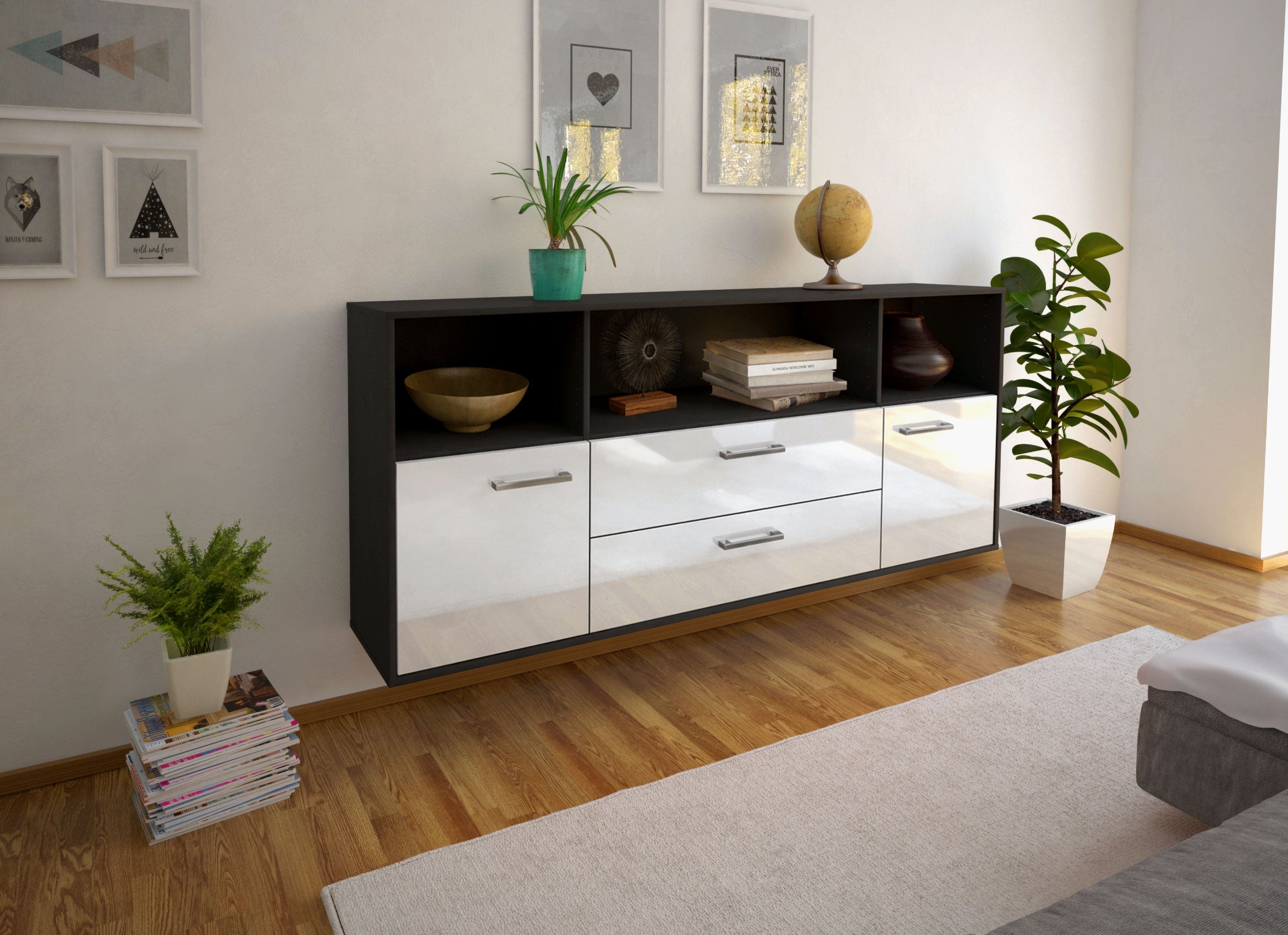 Sideboard - Enza - Design Hochglanz - Wandmontage mit Griffe 180 cm Anthrazit