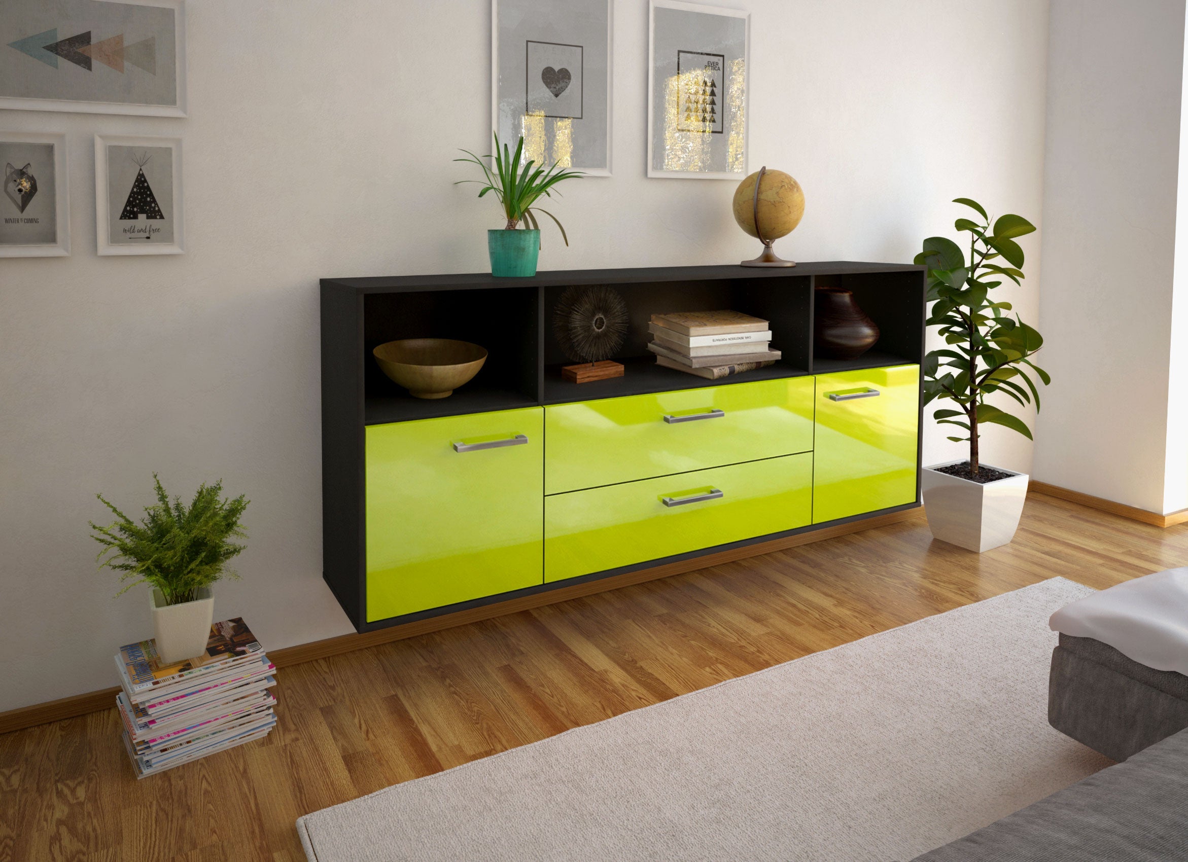Sideboard - Enza - Design Hochglanz - Wandmontage mit Griffe 180 cm Anthrazit