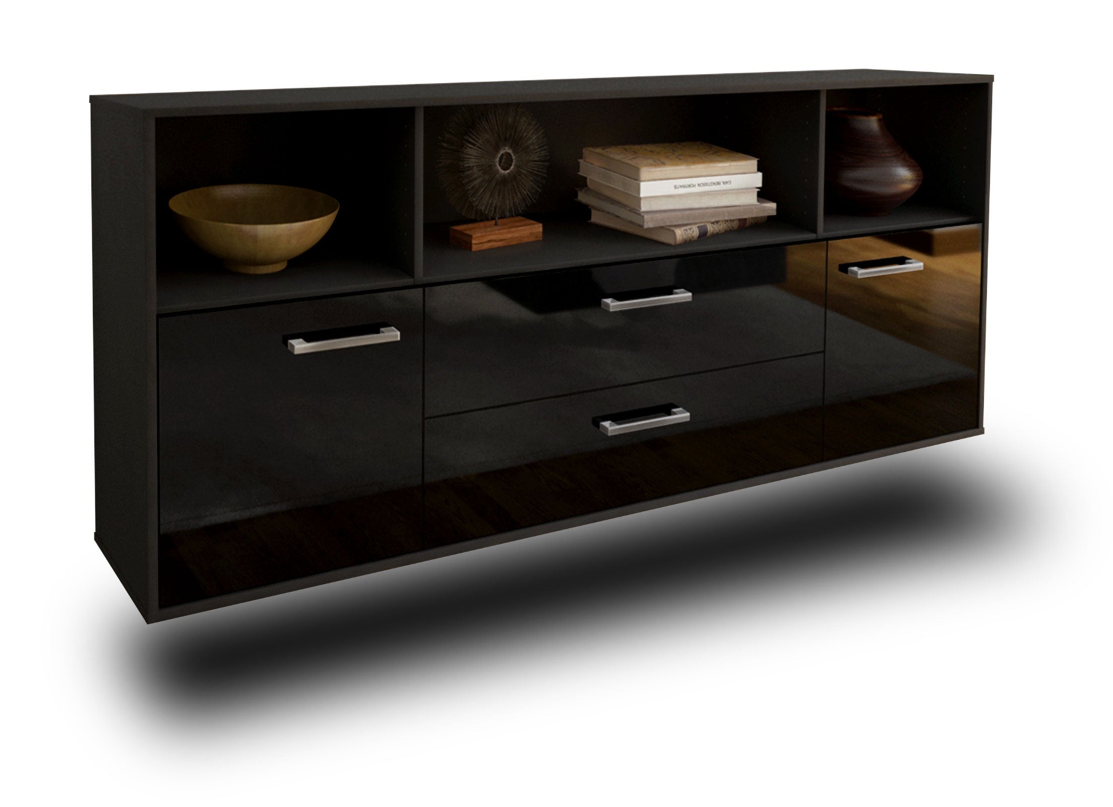 Sideboard - Enza - Design Hochglanz - Wandmontage mit Griffe 180 cm Anthrazit