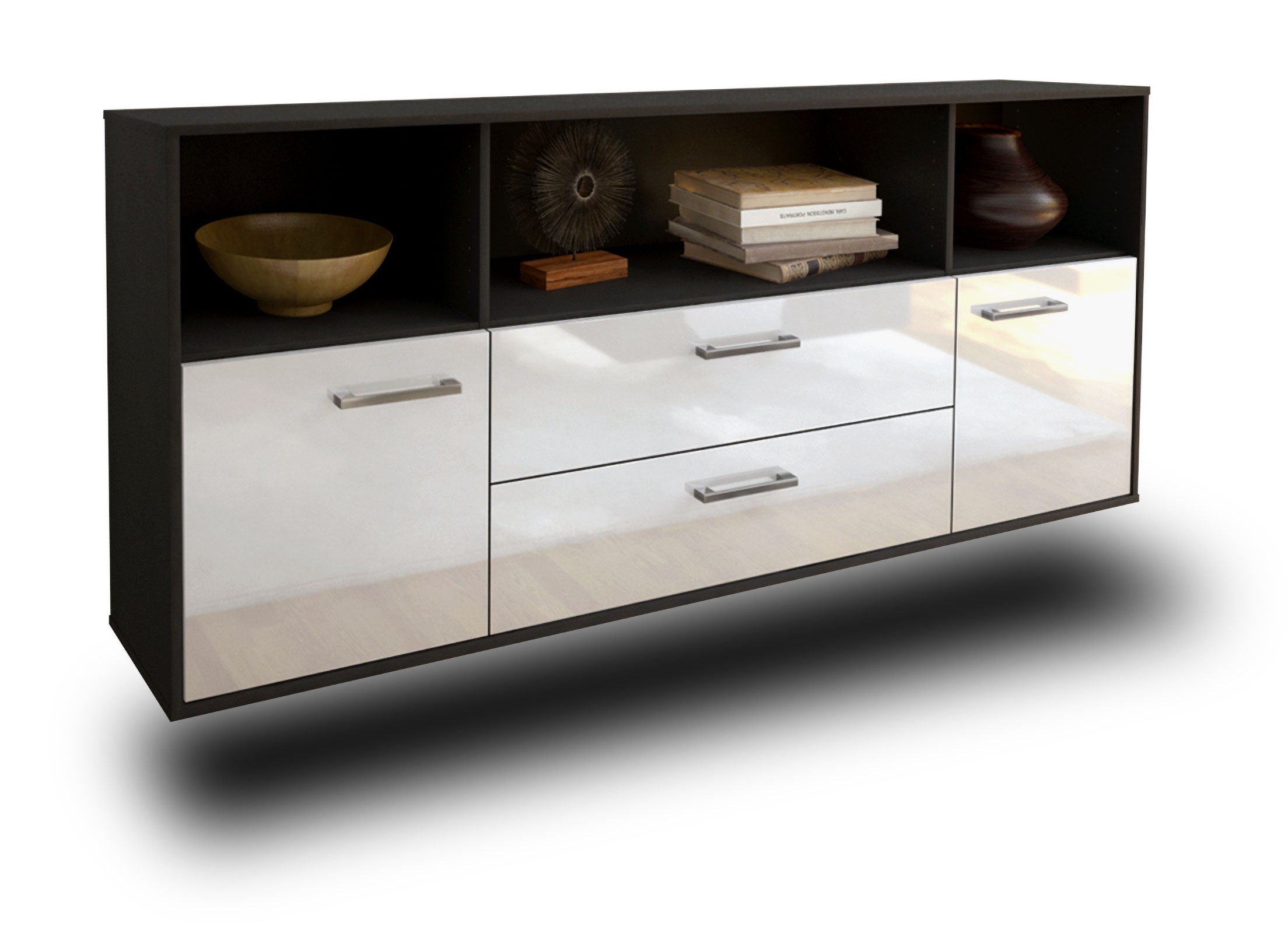Sideboard - Enza - Design Hochglanz - Wandmontage mit Griffe 180 cm Anthrazit