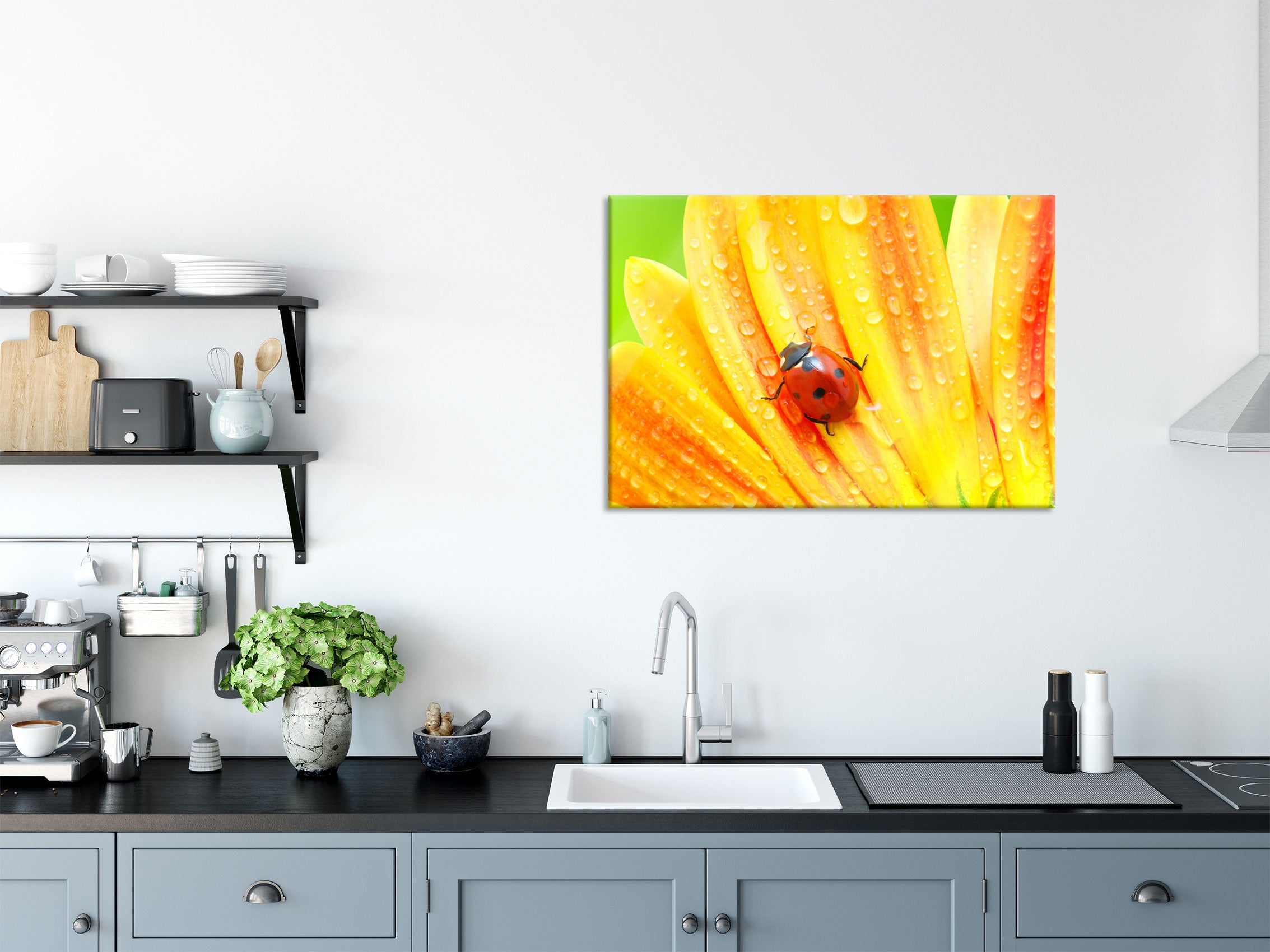 Marienkäfer auf gelber Blume, Glasbild