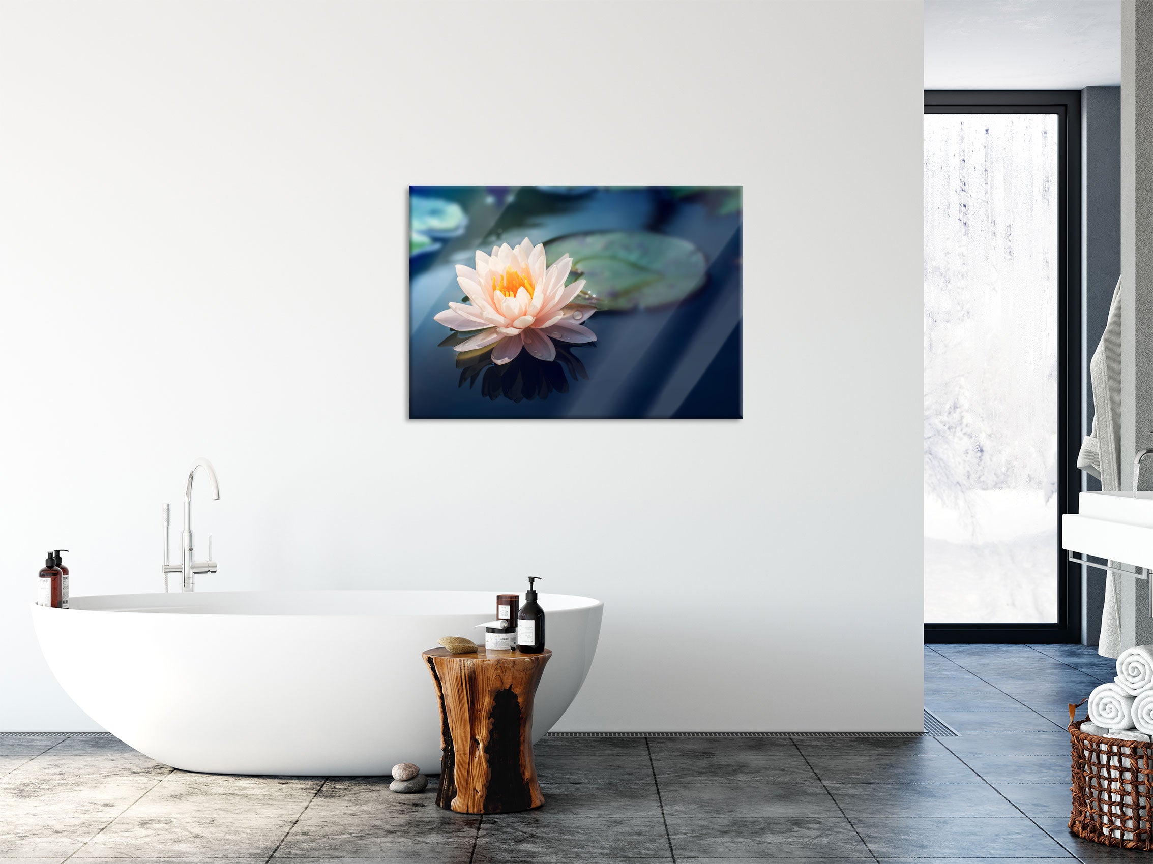 Eine rosa Lotusblume in Teich, Glasbild