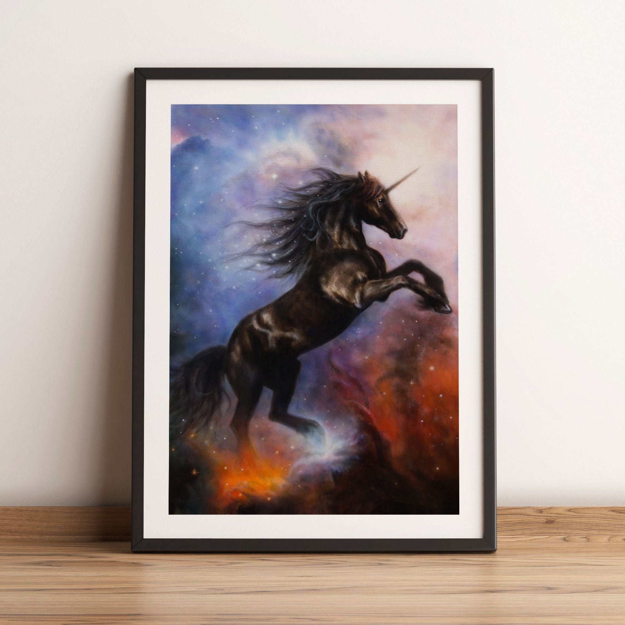 Traumhaftes schwarzes Einhorn, Gerahmtes Bild
