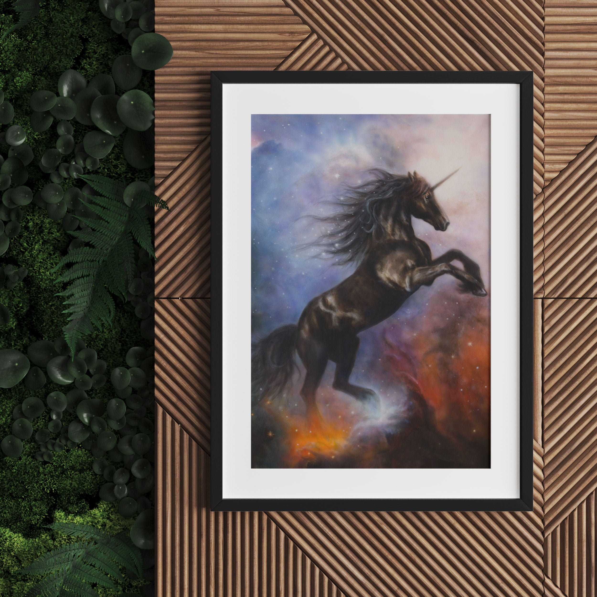 Traumhaftes schwarzes Einhorn, Gerahmtes Bild