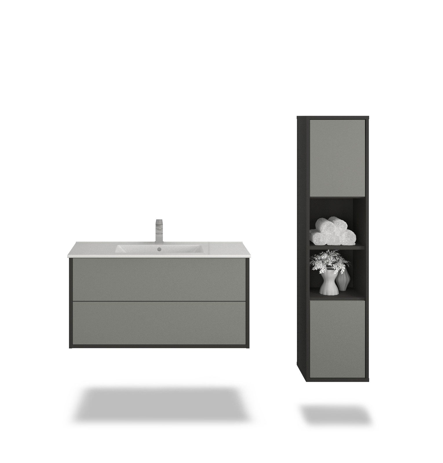 Badmöbelset - 2-Teilig Hades V - Uni-Farbdekor/Anthrazit - Wandmontage - Push-to-Open - 100 cm