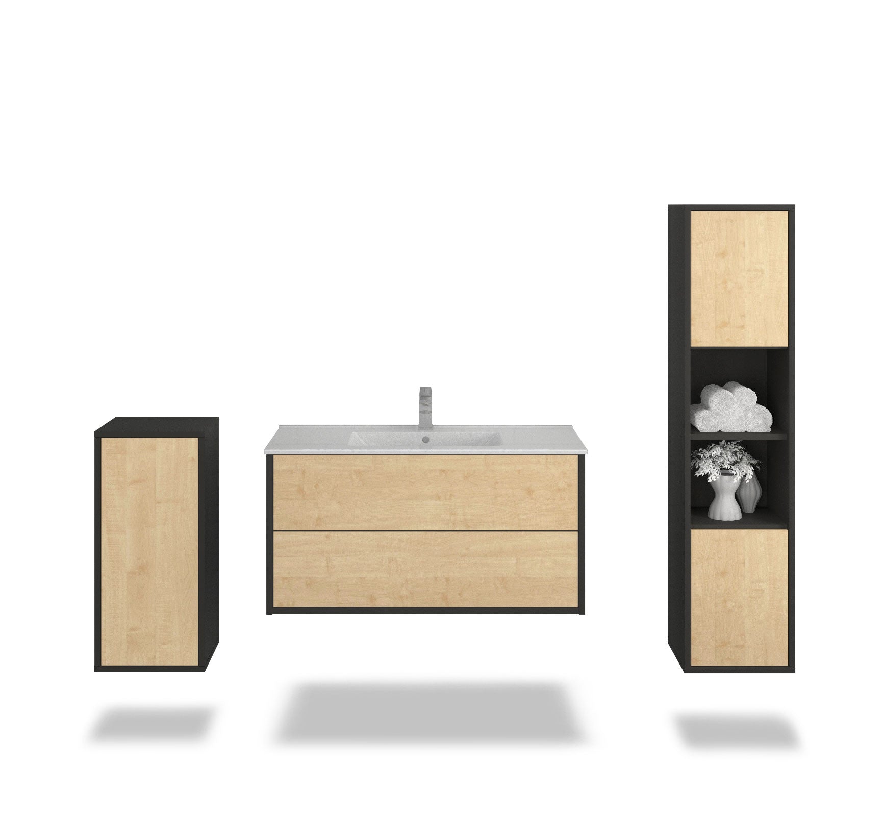 Badmöbelset - 3-Teilig Hades V-I - Holz-Dekor/Anthrazit - Wandmontage - Push to Open - 100 cm