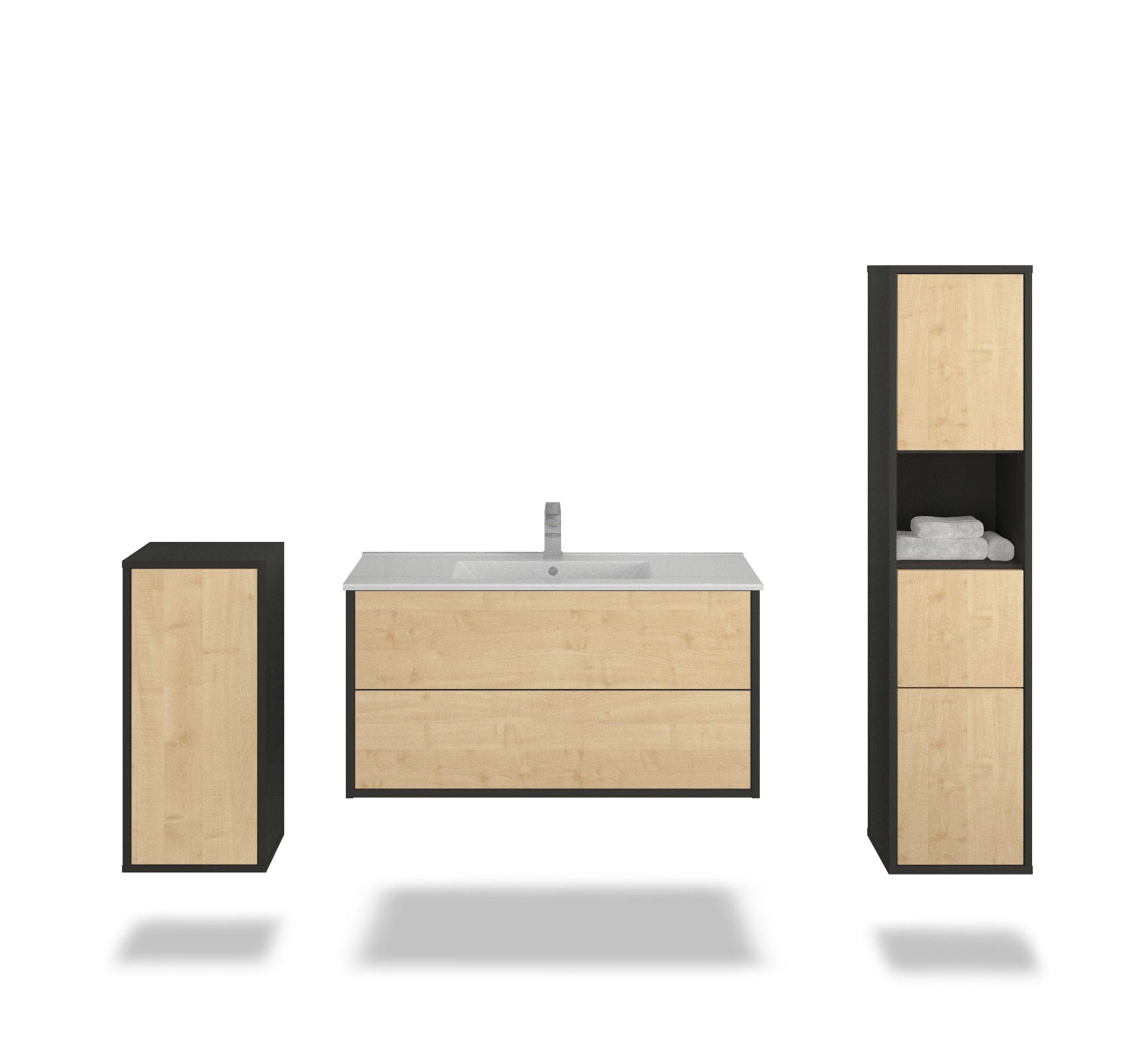 Badmöbelset - 3-Teilig Hades VI-I - Holz-Dekor/Anthrazit - Wandmontage - Push to Open - 100 cm