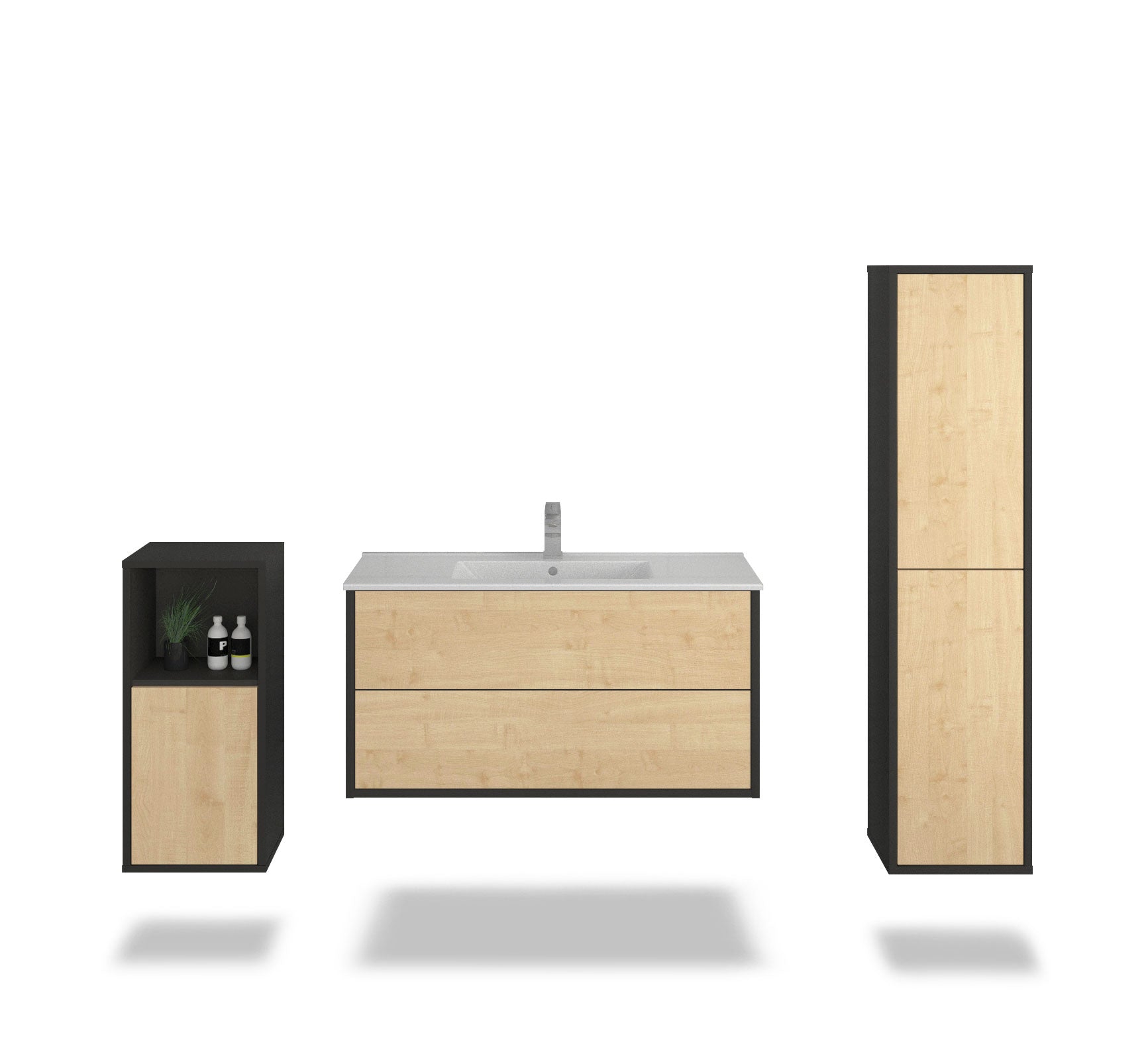 Badmöbelset - 3-Teilig Hades I-II - Holz-Dekor/Anthrazit - Wandmontage - Push to Open - 100 cm