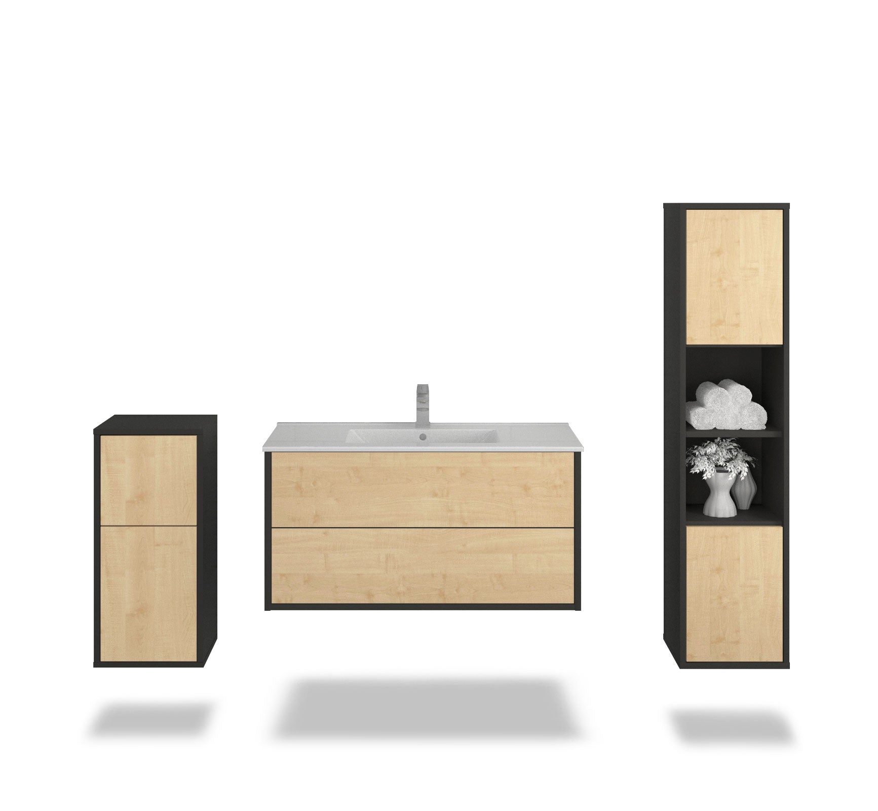 Badmöbelset - 3-Teilig Hades V-III - Holz-Dekor/Anthrazit - Wandmontage - Push to Open - 100 cm