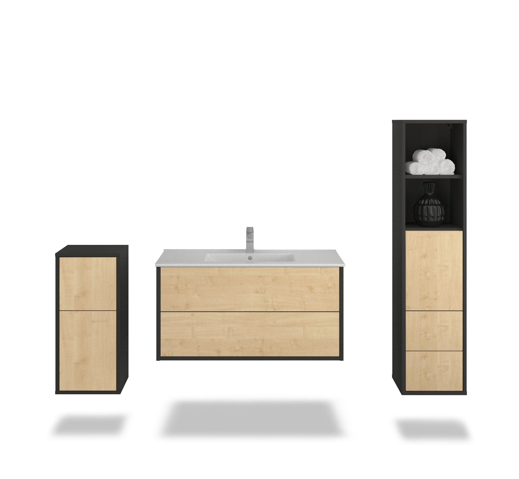 Badmöbelset - 3-Teilig Hades IX-III - Holz-Dekor/Anthrazit - Wandmontage - Push to Open - 100 cm