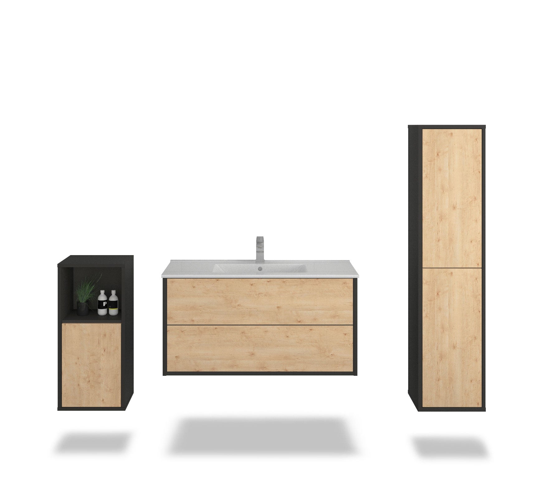 Badmöbelset - 3-Teilig Hades I-II - Holz-Dekor/Anthrazit - Wandmontage - Push to Open - 100 cm