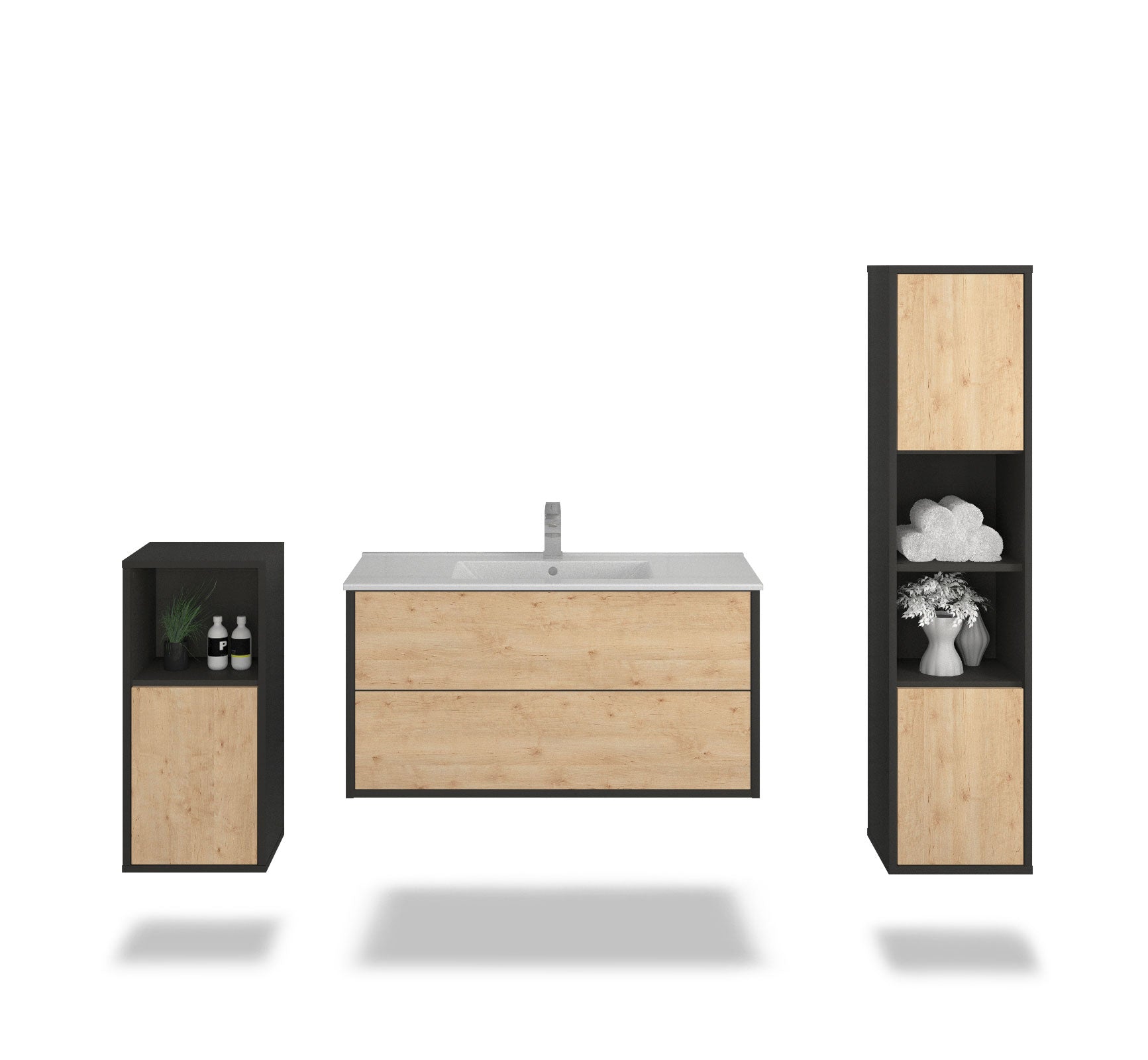 Badmöbelset - 3-Teilig Hades V-II - Holz-Dekor/Anthrazit - Wandmontage - Push to Open - 100 cm