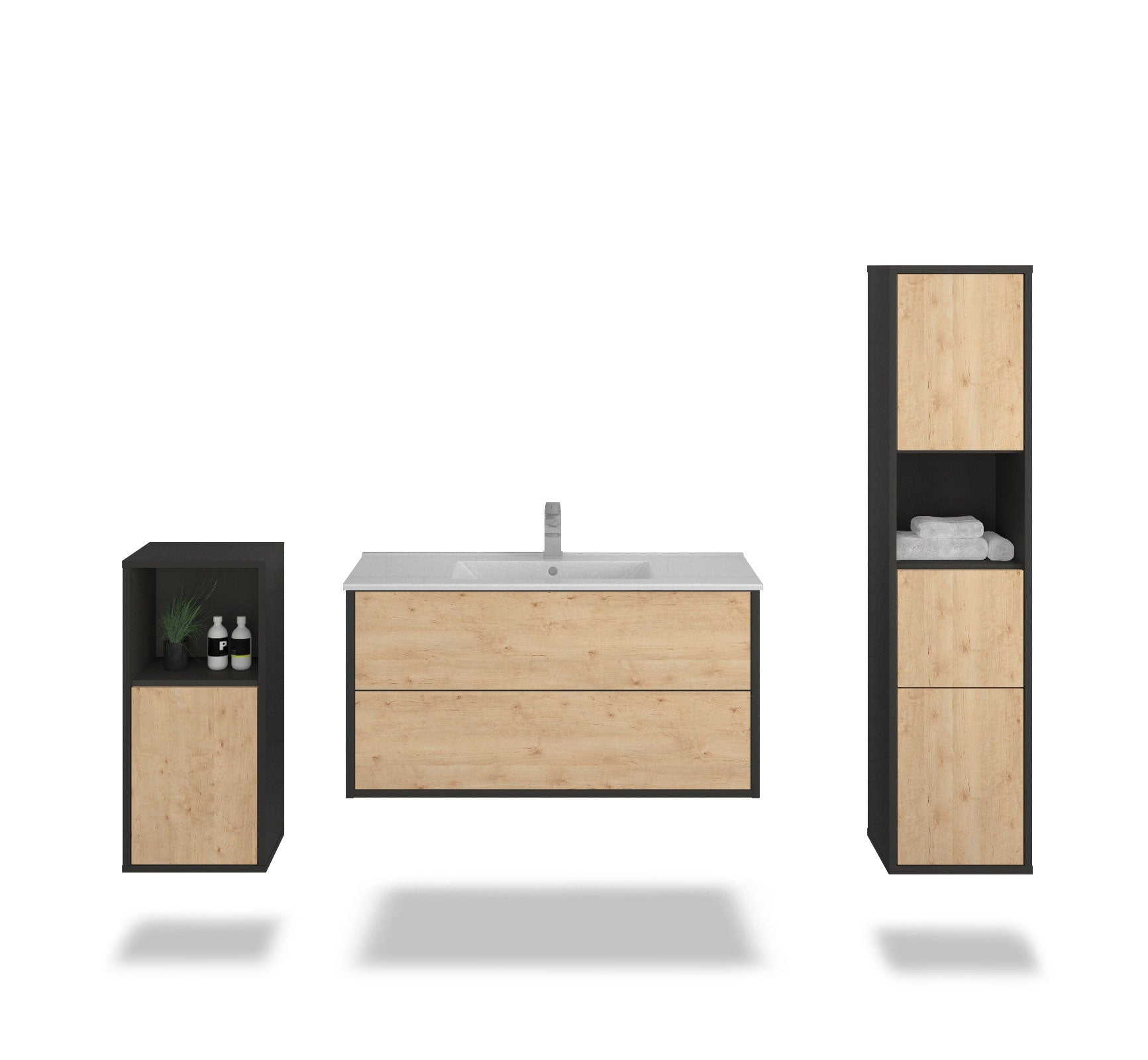 Badmöbelset - 3-Teilig Hades VI-II - Holz-Dekor/Anthrazit - Wandmontage - Push to Open - 100 cm