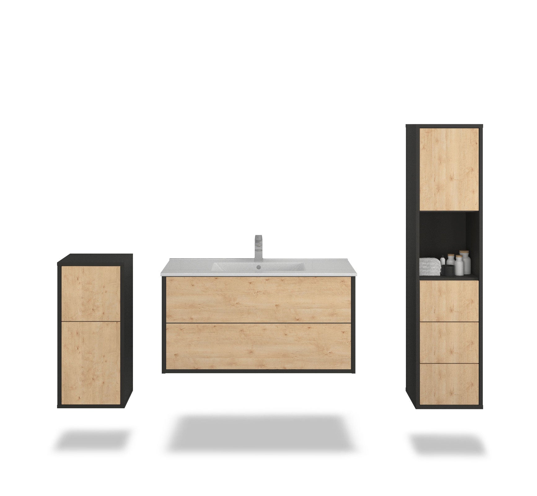 Badmöbelset - 3-Teilig Hades VIII-III - Holz-Dekor/Anthrazit - Wandmontage - Push to Open - 100 cm