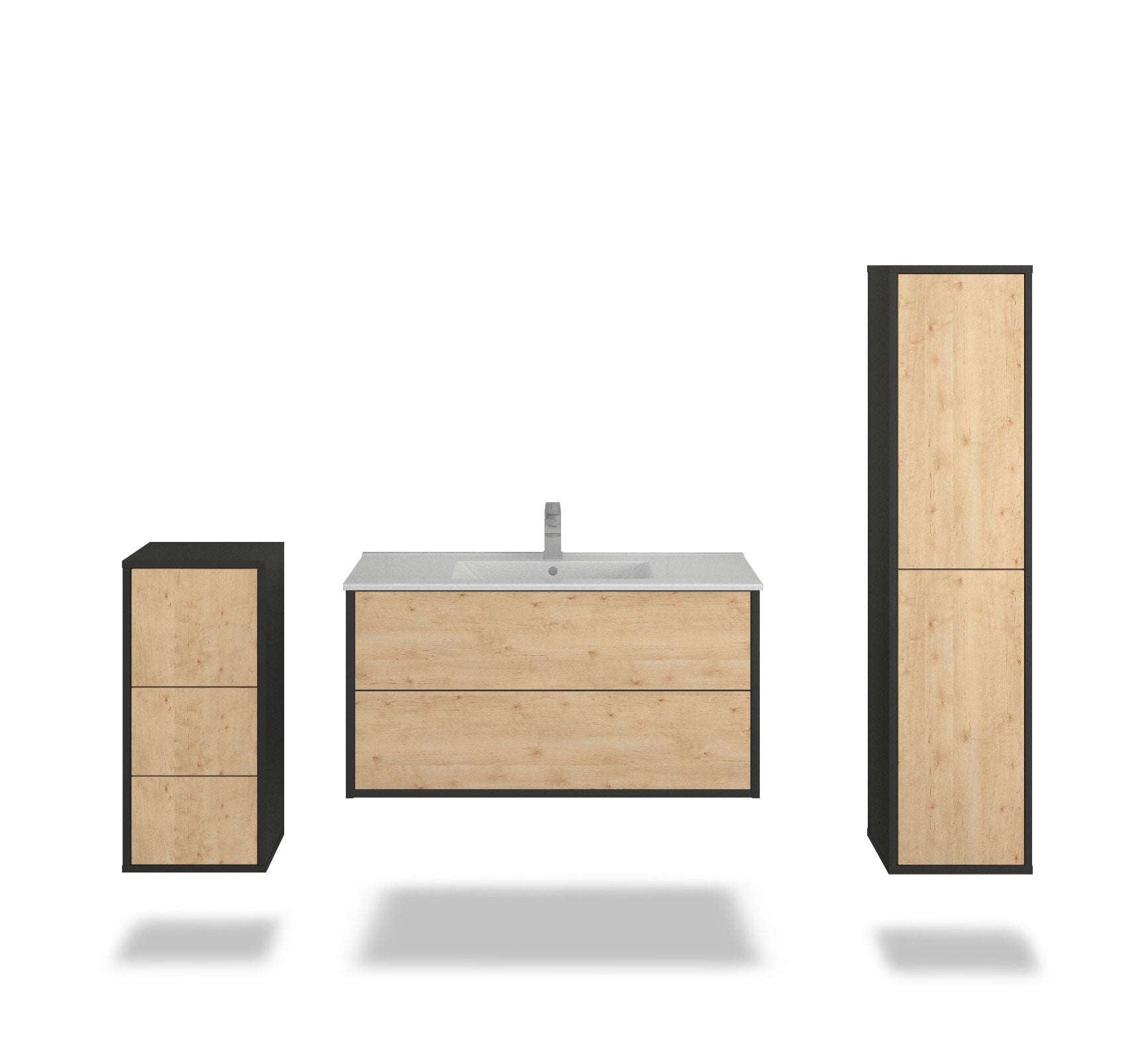 Badmöbelset - 3-Teilig Hades I-IV - Holz-Dekor/Anthrazit - Wandmontage - Push to Open - 100 cm