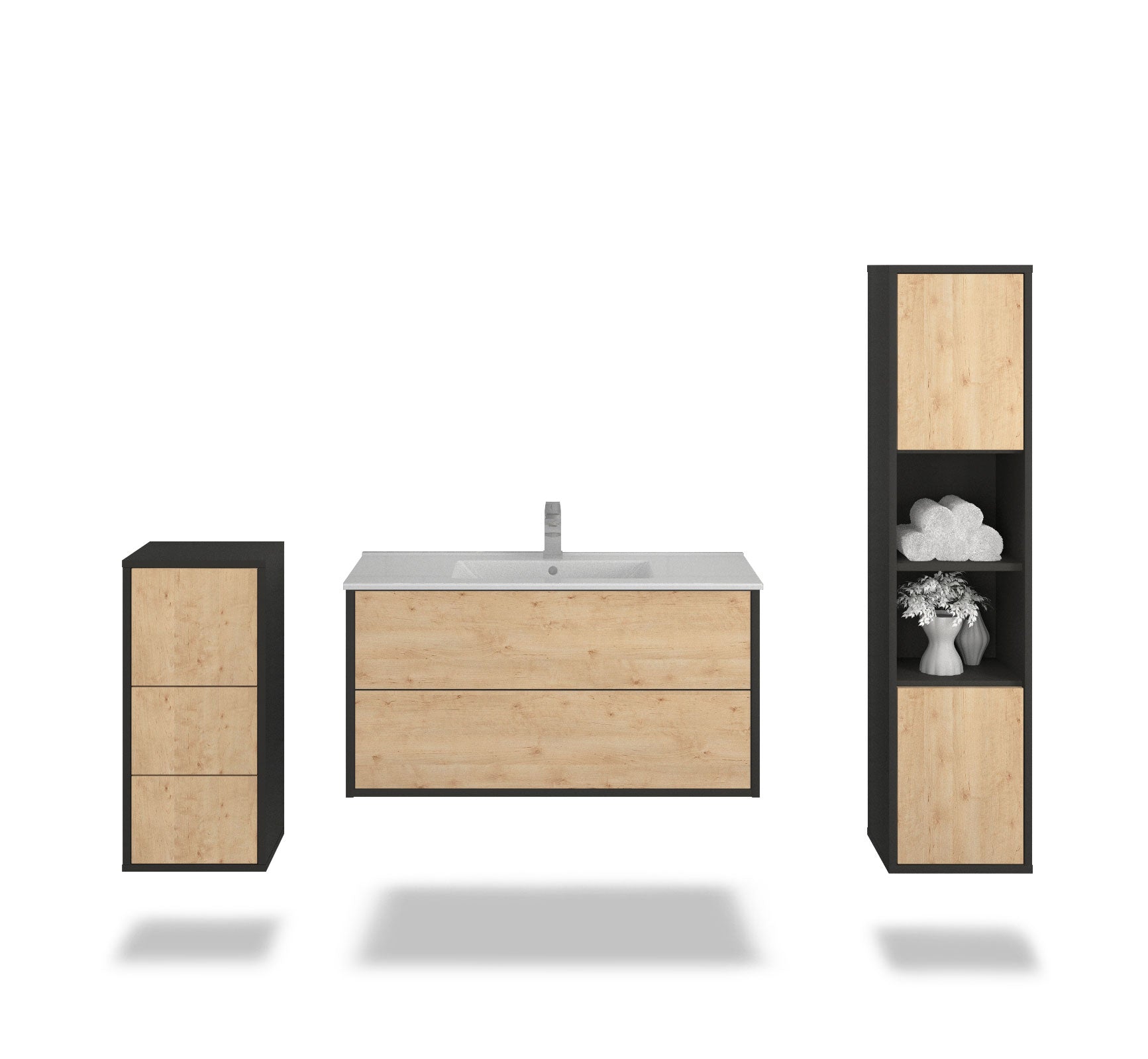 Badmöbelset - 3-Teilig Hades V-IV - Holz-Dekor/Anthrazit - Wandmontage - Push to Open - 100 cm