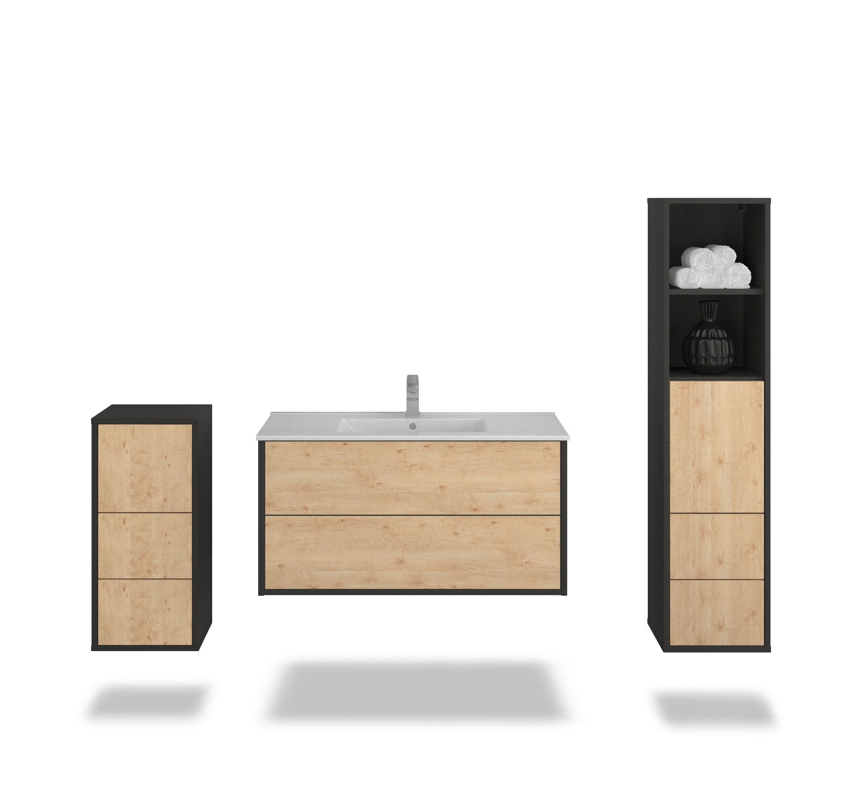 Badmöbelset - 3-Teilig Hades IX-IV - Holz-Dekor/Anthrazit - Wandmontage - Push to Open - 100 cm