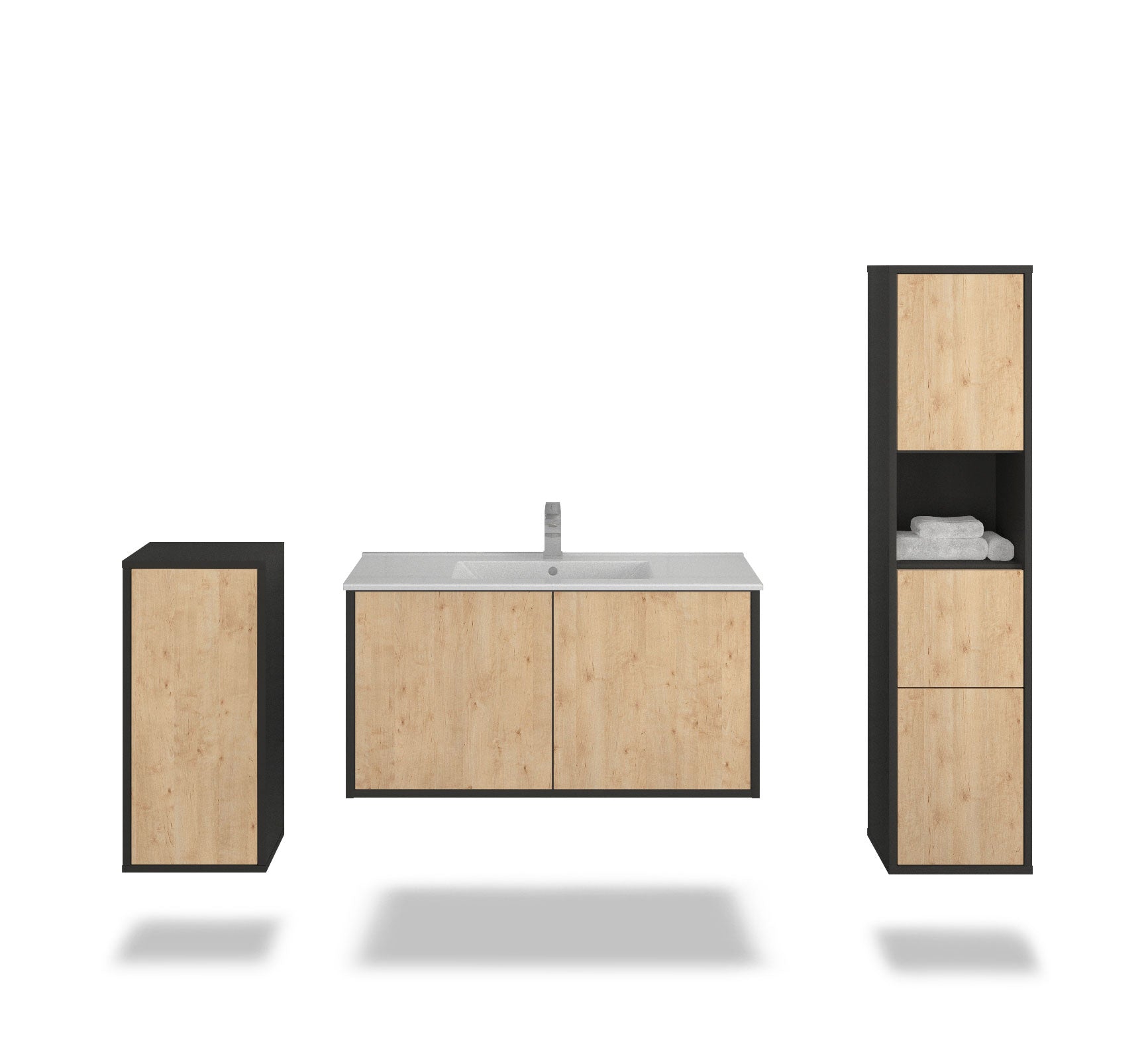 Badmöbelset - 3-Teilig Athene VI-I - Holz-Dekor/Anthrazit - Wandmontage - Push to Open - 100 cm