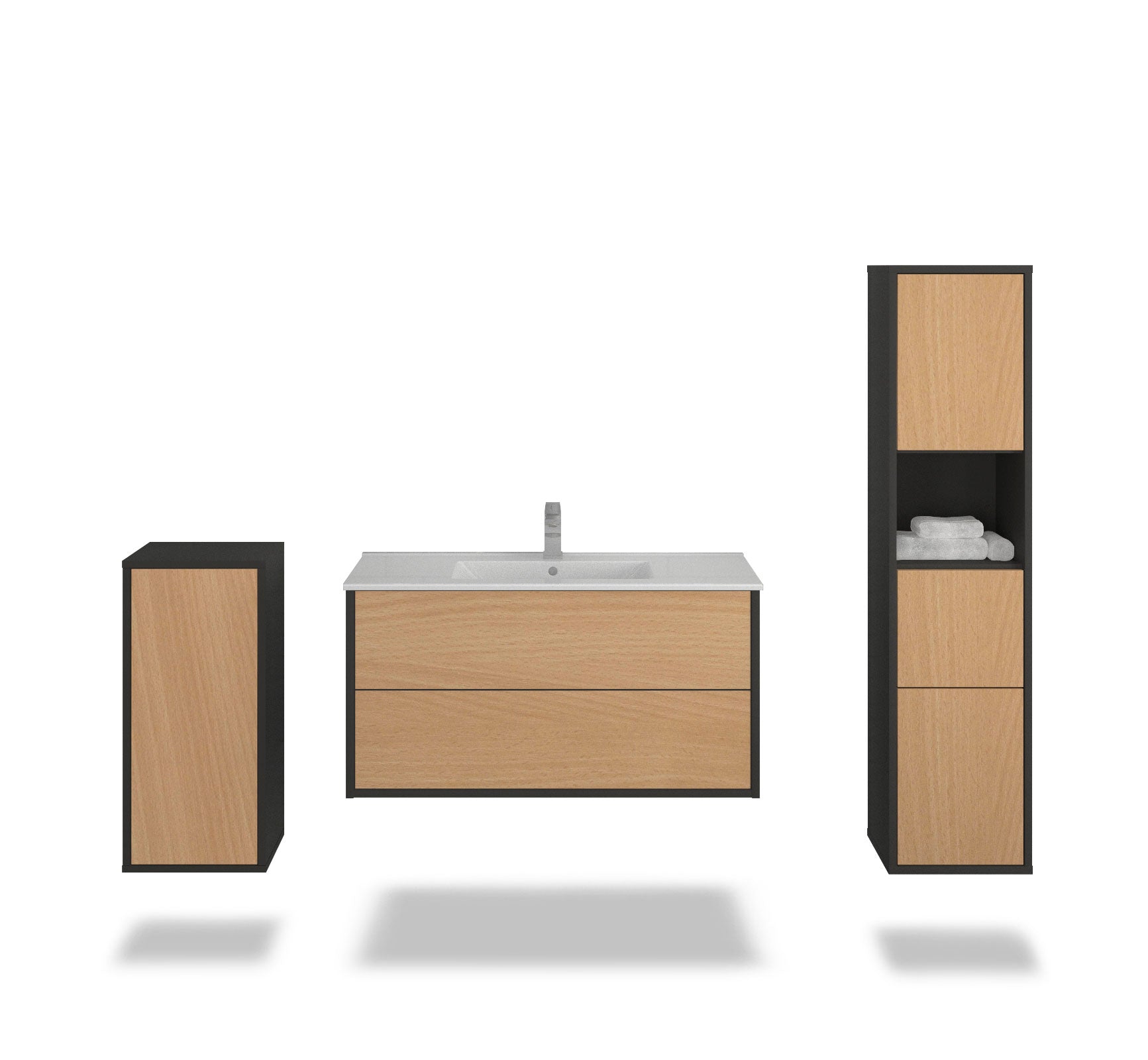 Badmöbelset - 3-Teilig Hades VI-I - Holz-Dekor/Anthrazit - Wandmontage - Push to Open - 100 cm