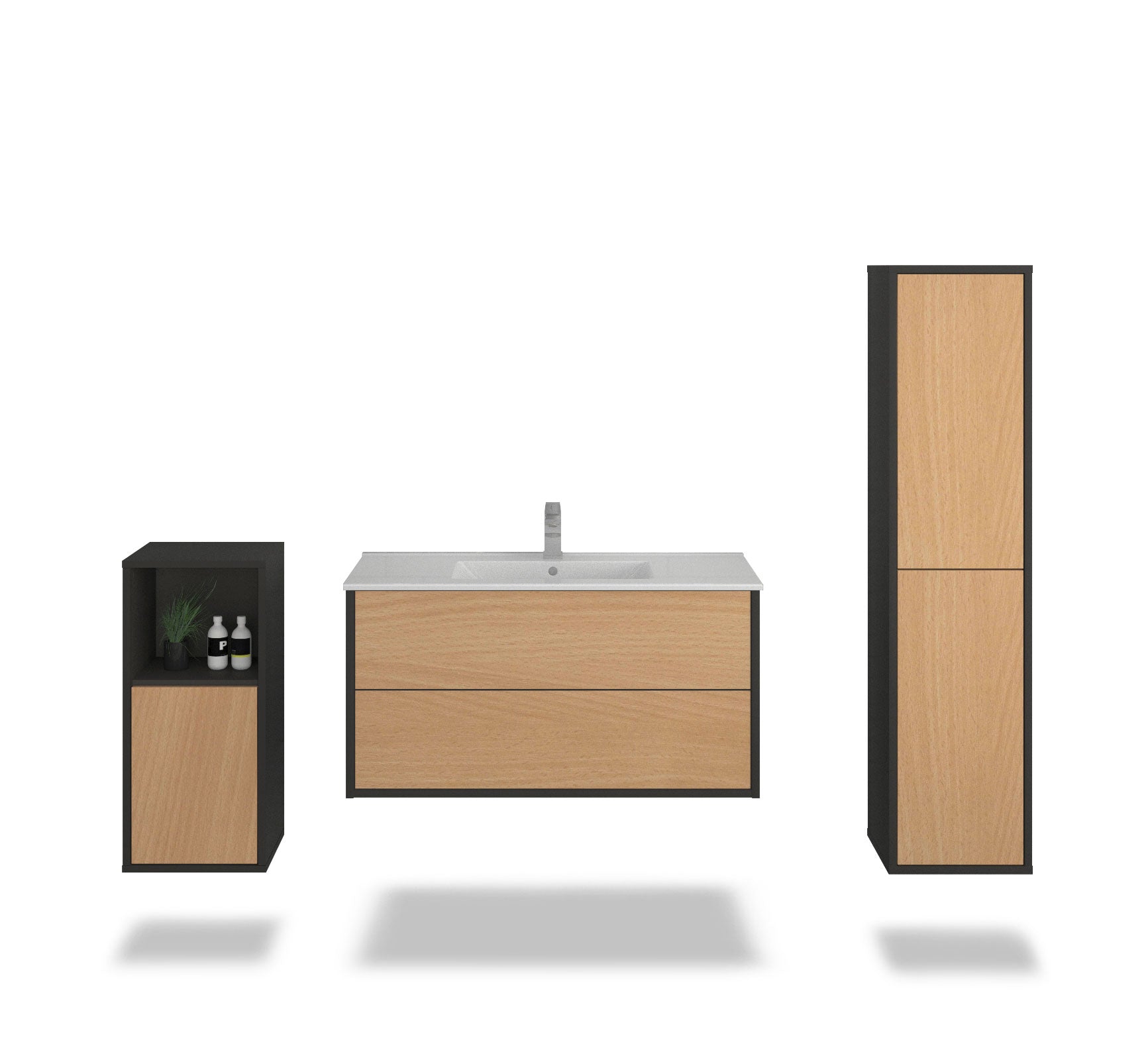 Badmöbelset - 3-Teilig Hades I-II - Holz-Dekor/Anthrazit - Wandmontage - Push to Open - 100 cm