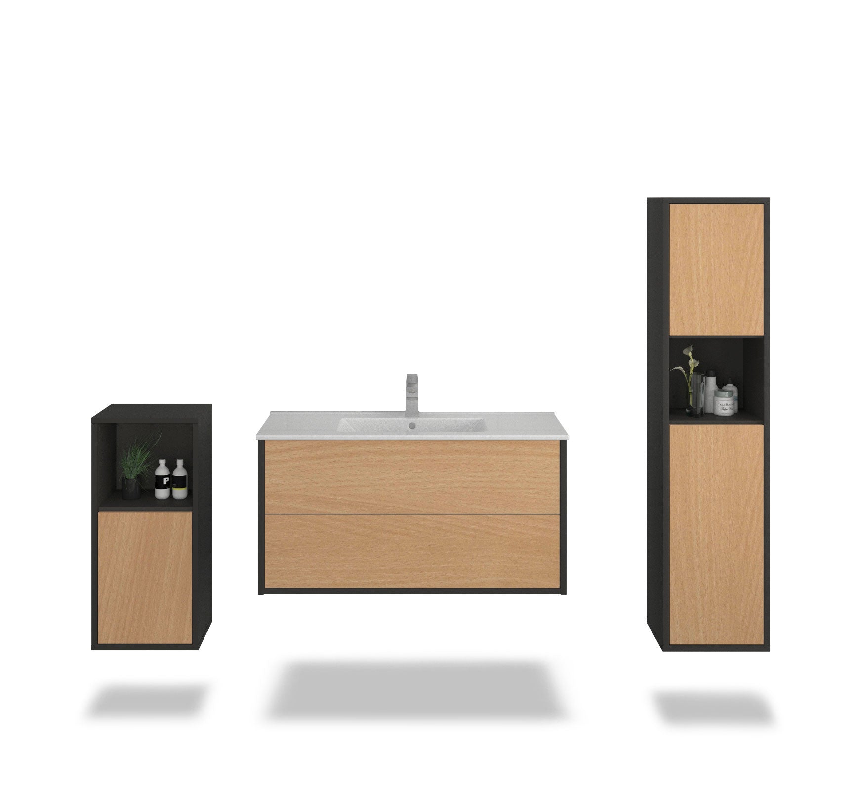 Badmöbelset - 3-Teilig Hades II-II - Holz-Dekor/Anthrazit - Wandmontage - Push to Open - 100 cm