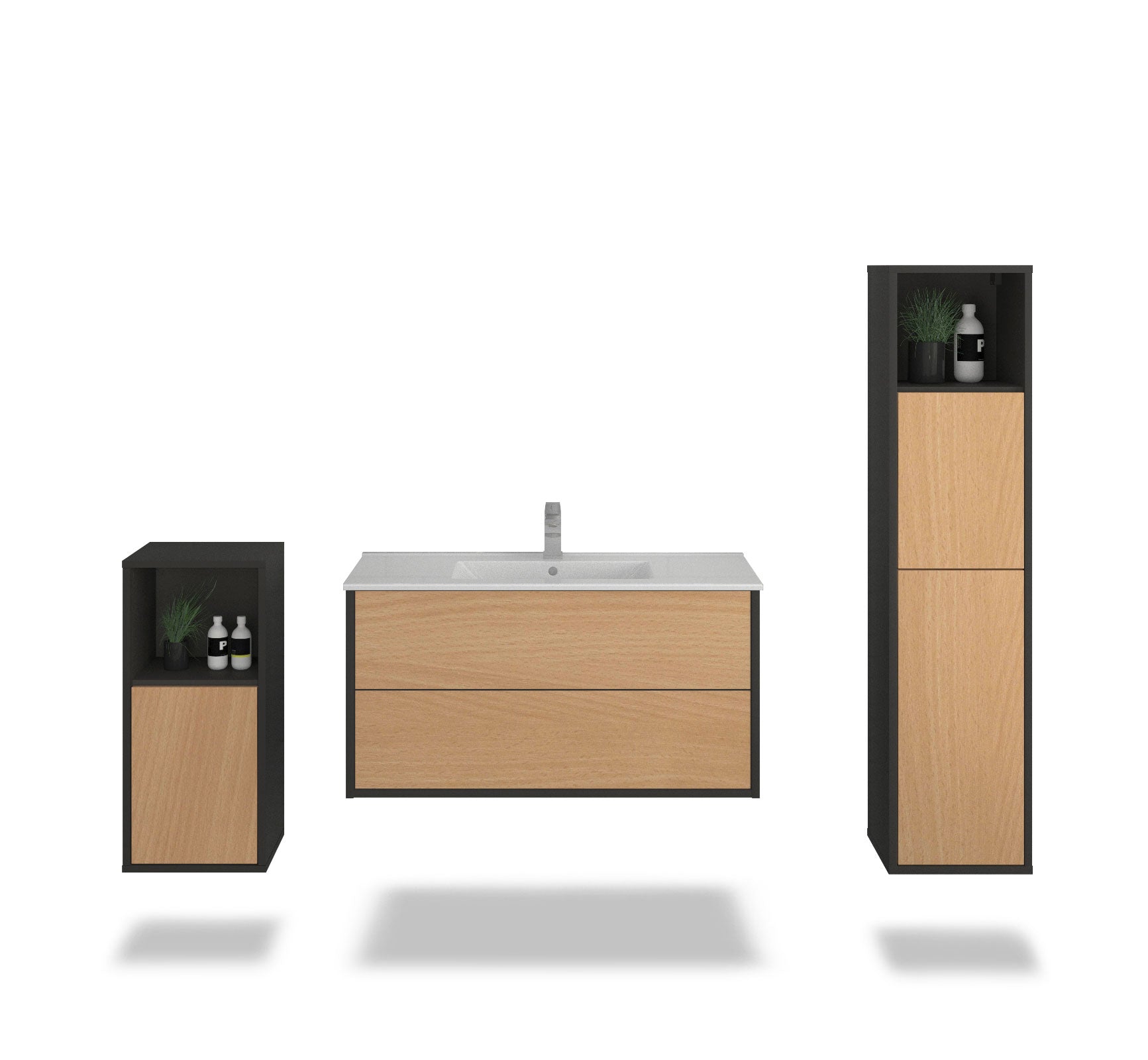 Badmöbelset - 3-Teilig Hades III-II - Holz-Dekor/Anthrazit - Wandmontage - Push to Open - 100 cm