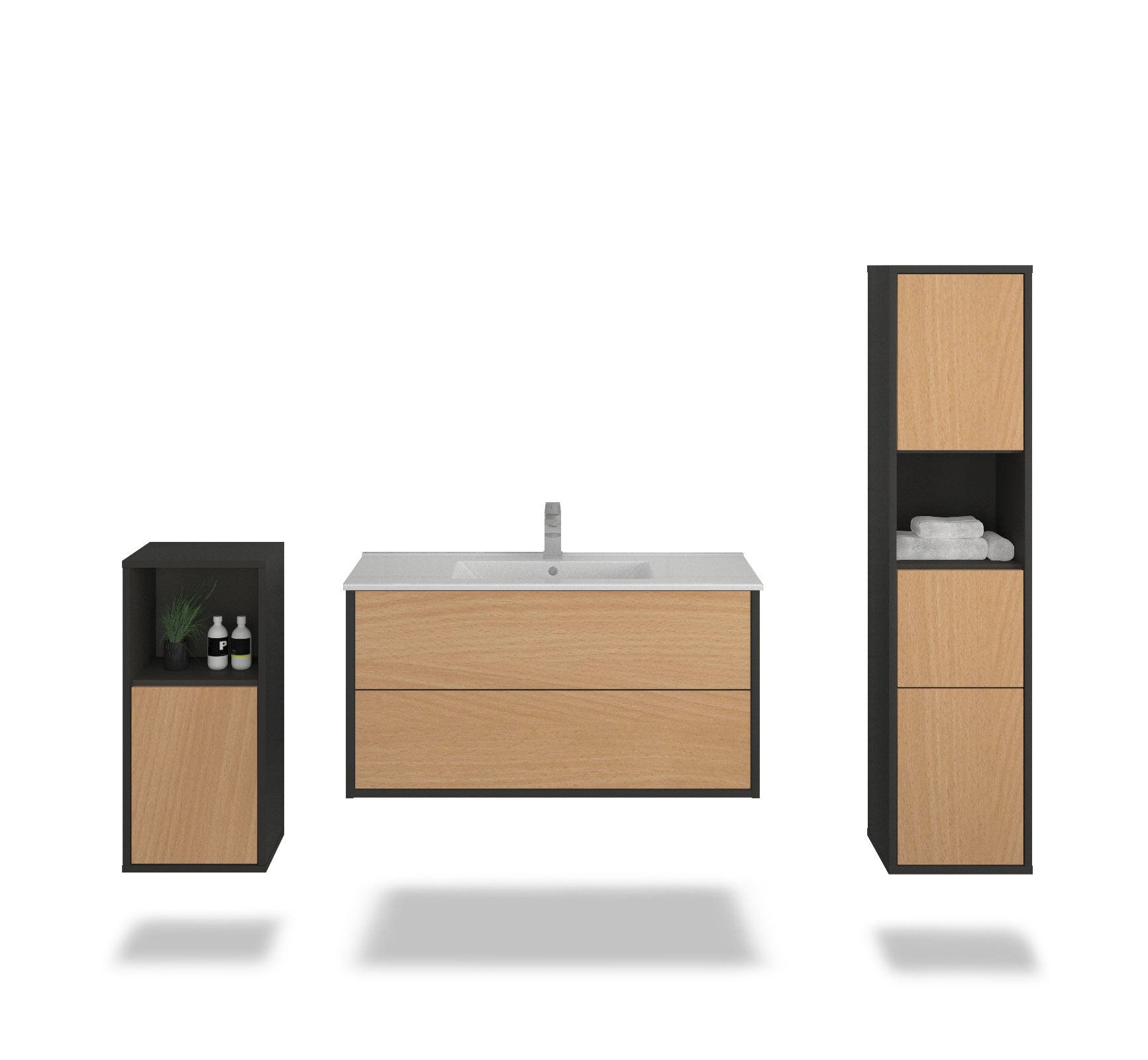 Badmöbelset - 3-Teilig Hades VI-II - Holz-Dekor/Anthrazit - Wandmontage - Push to Open - 100 cm