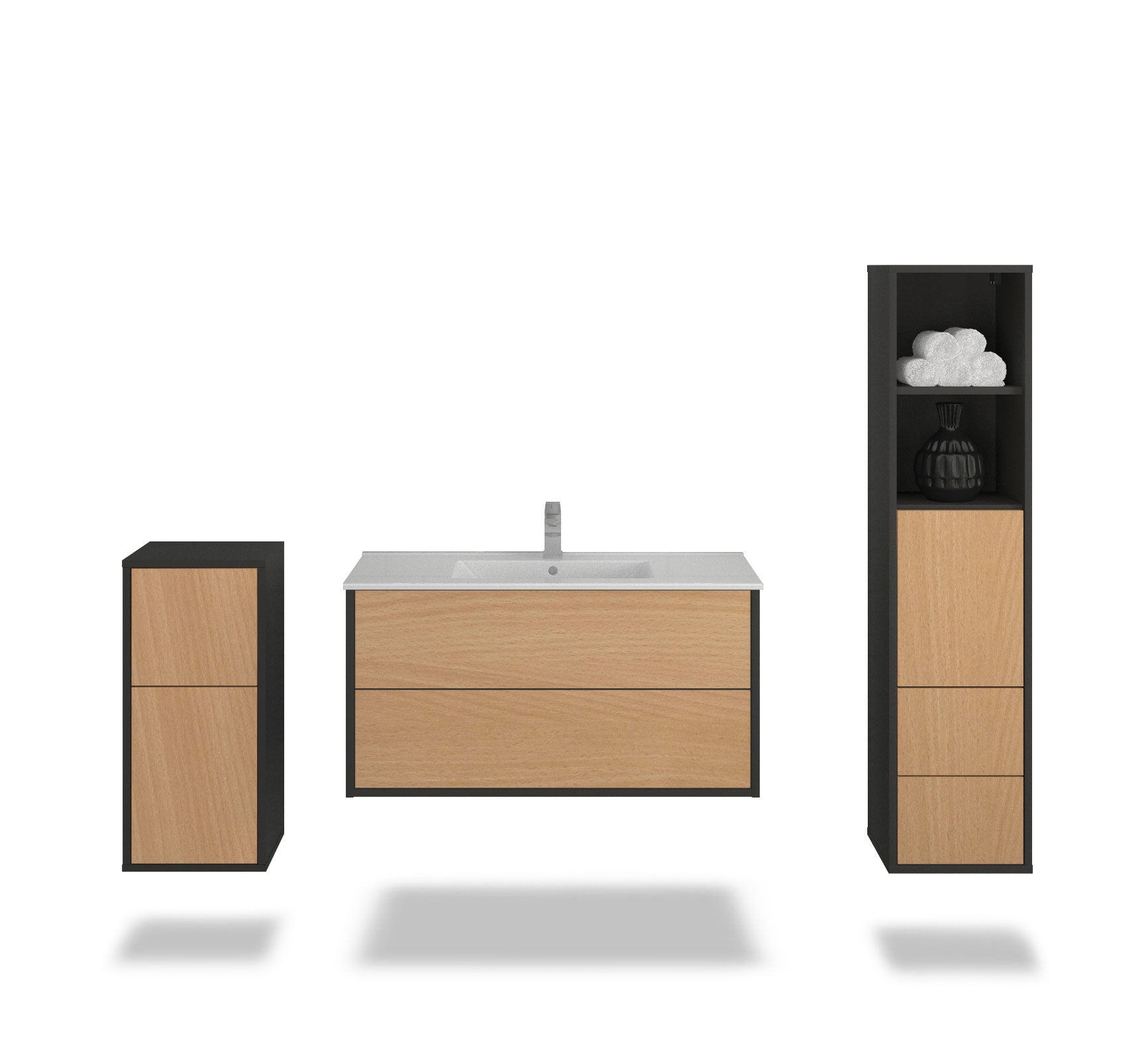 Badmöbelset - 3-Teilig Hades IX-III - Holz-Dekor/Anthrazit - Wandmontage - Push to Open - 100 cm