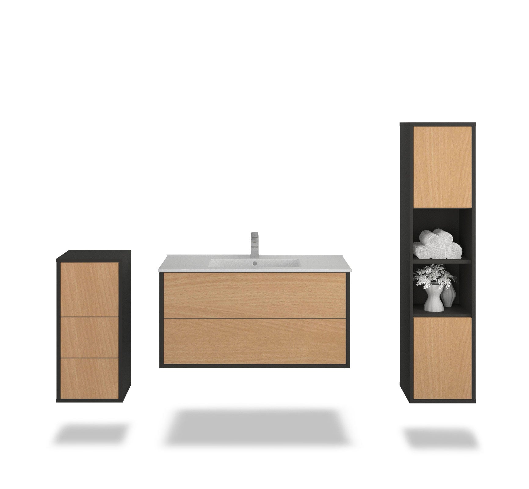 Badmöbelset - 3-Teilig Hades V-IV - Holz-Dekor/Anthrazit - Wandmontage - Push to Open - 100 cm